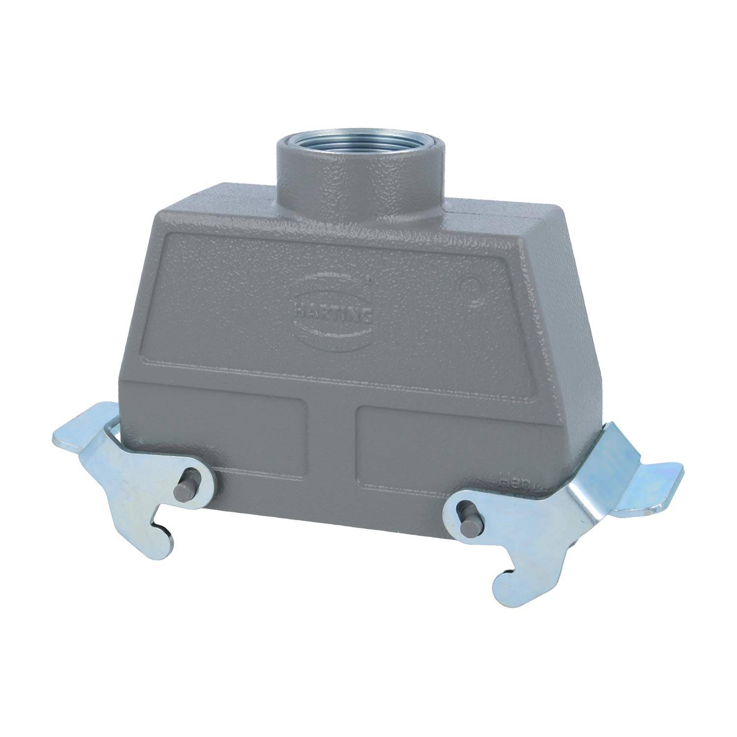 Industrielle Anschlussgehäuse mit Metallverriegelungen, Marke 'Harting'. Geeignet für elektrische und Datenkonnektivität in industriellen Umgebungen.