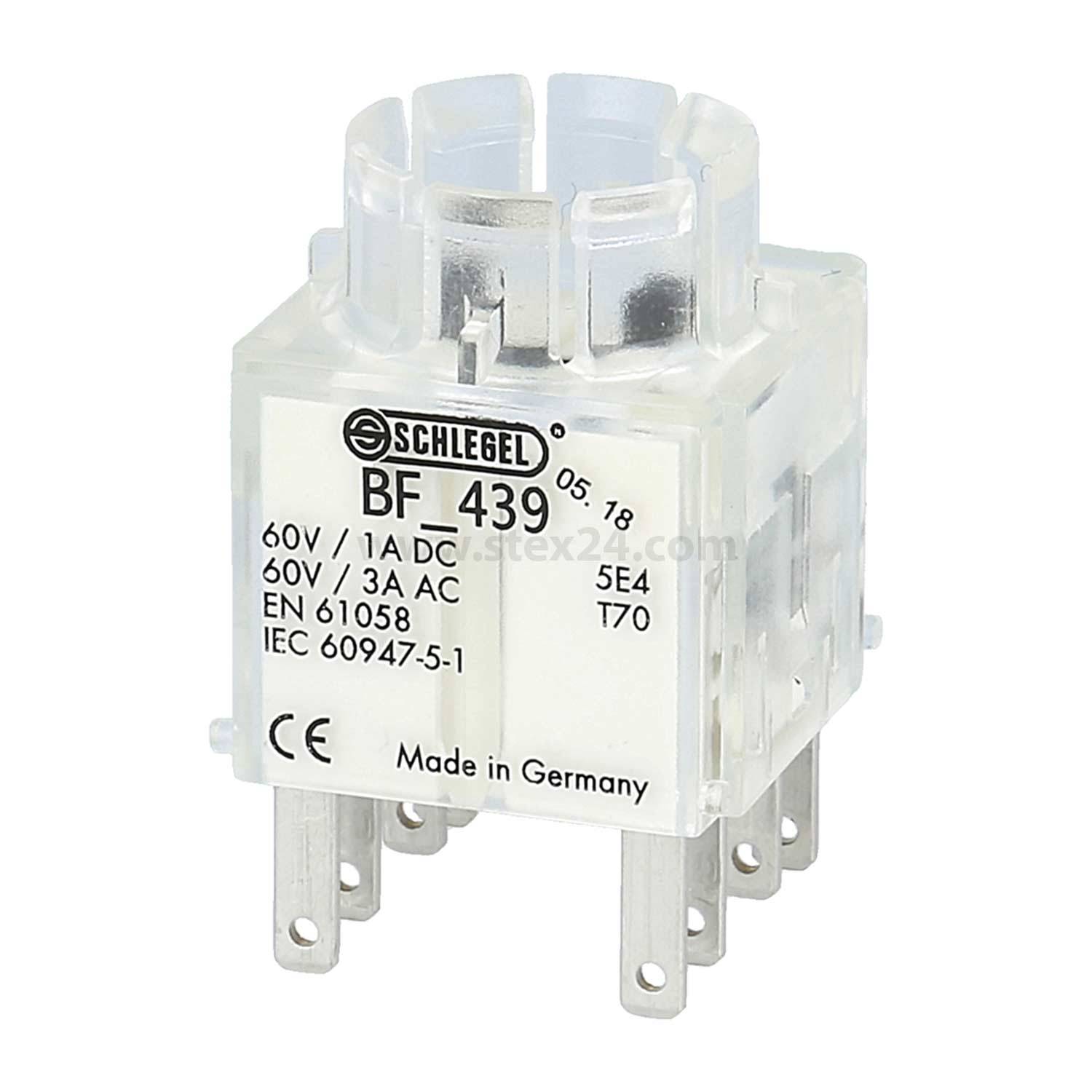 Eine durchsichtige Plastik-Relaishalterung mit der Bezeichnung 'Schlegel BF 439', ausgelegt für 60V/1A Gleichstrom und 60V/3A Wechselstrom, in Deutschland hergestellt, mit mehreren Metallkontakten.