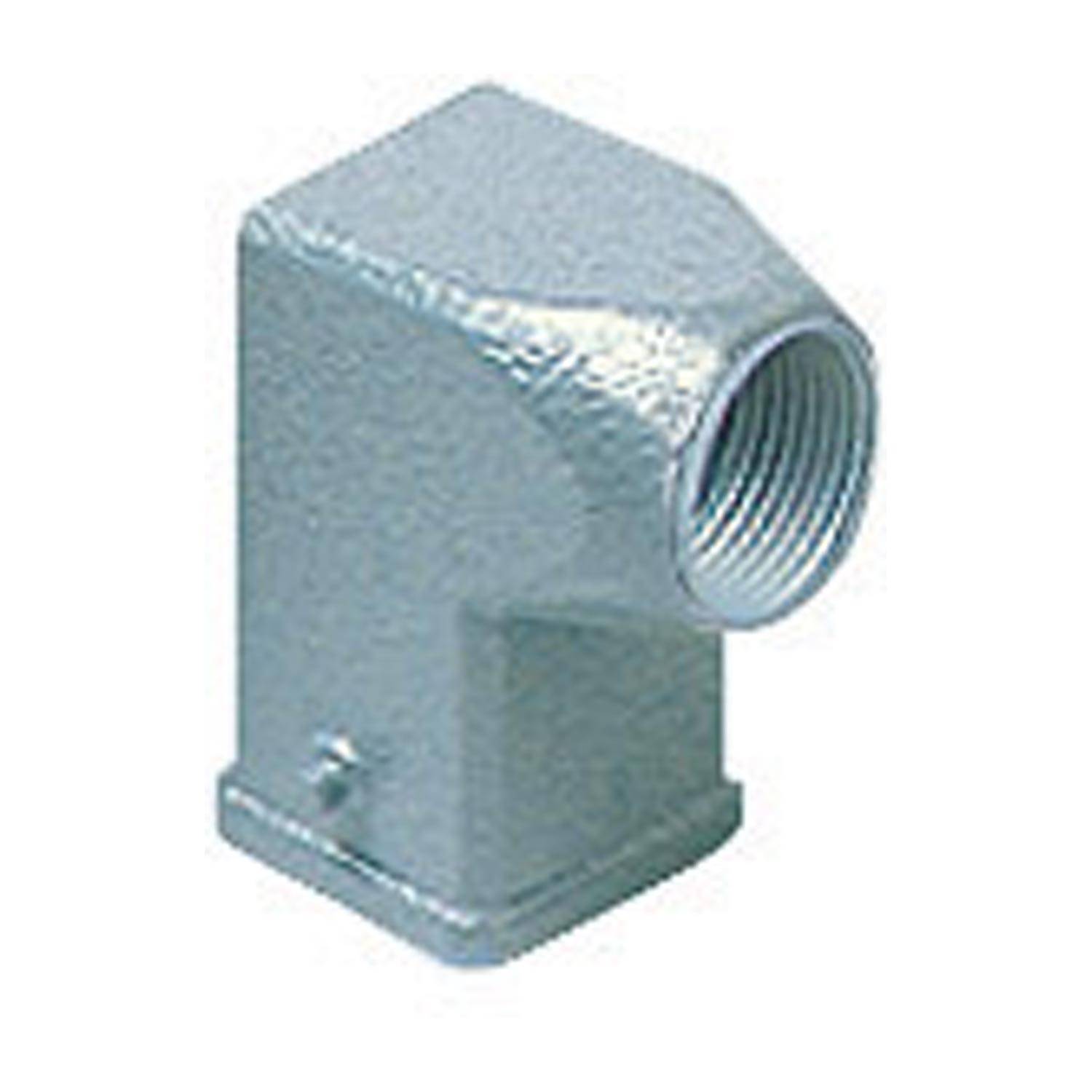 Eine graue metallische Winkel-Rohrverschraubung, entwickelt zum Anschluss von elektrischen Leitungsrohren in einem 90-Grad-Winkel, die ihre Gewindeöffnung präsentiert.
