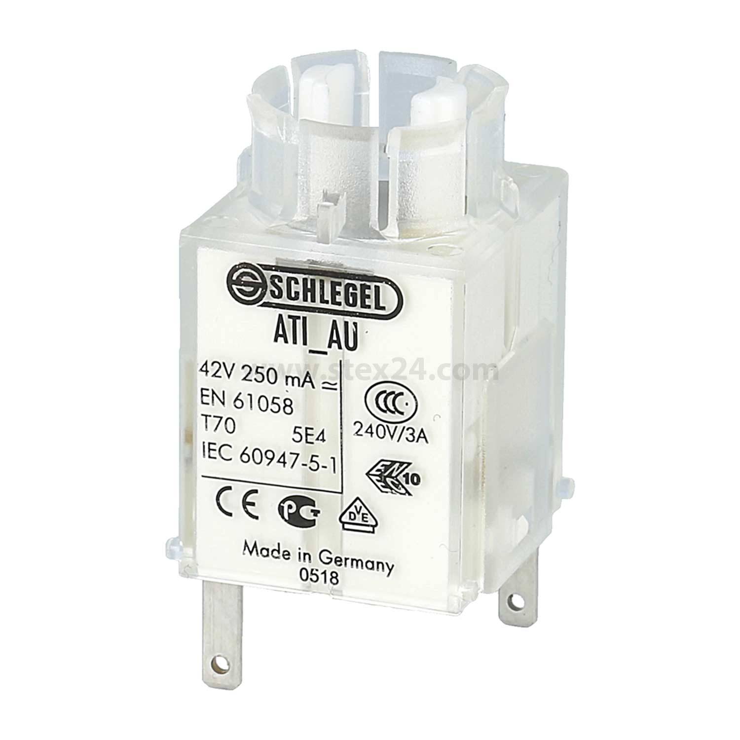 Elektrisches Bauteil mit der Bezeichnung 'Schlegel ATI_AU', Nennspannung 42V 250 mA, hergestellt in Deutschland, mit Sicherheits- und Zertifizierungszeichen versehen.