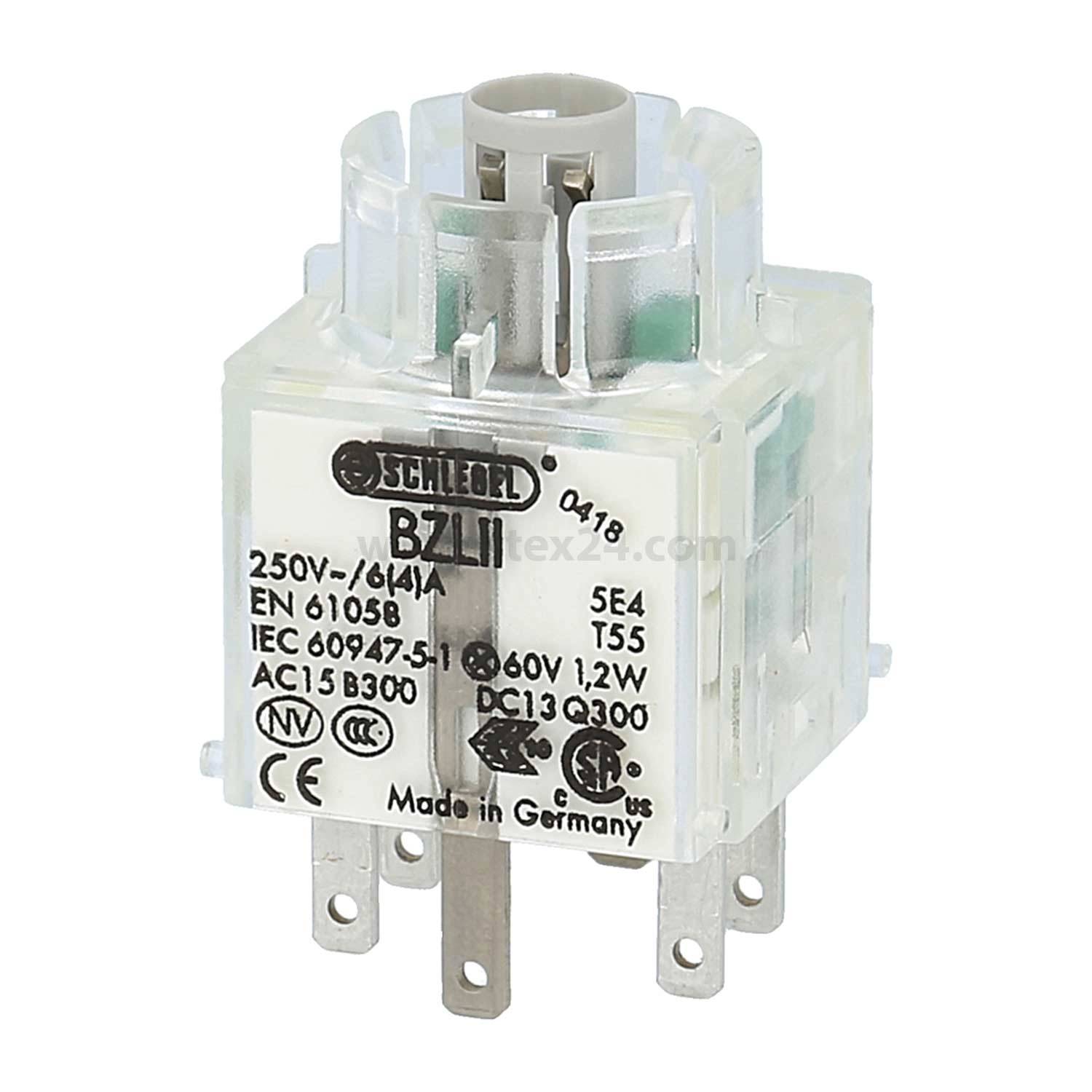 Eine transparente Kunststoff-Elektroschalterhalterung mit Metallstiften und den Markierungen '250V/6(4)A', 'Made in Germany' für industrielle Verwendung.