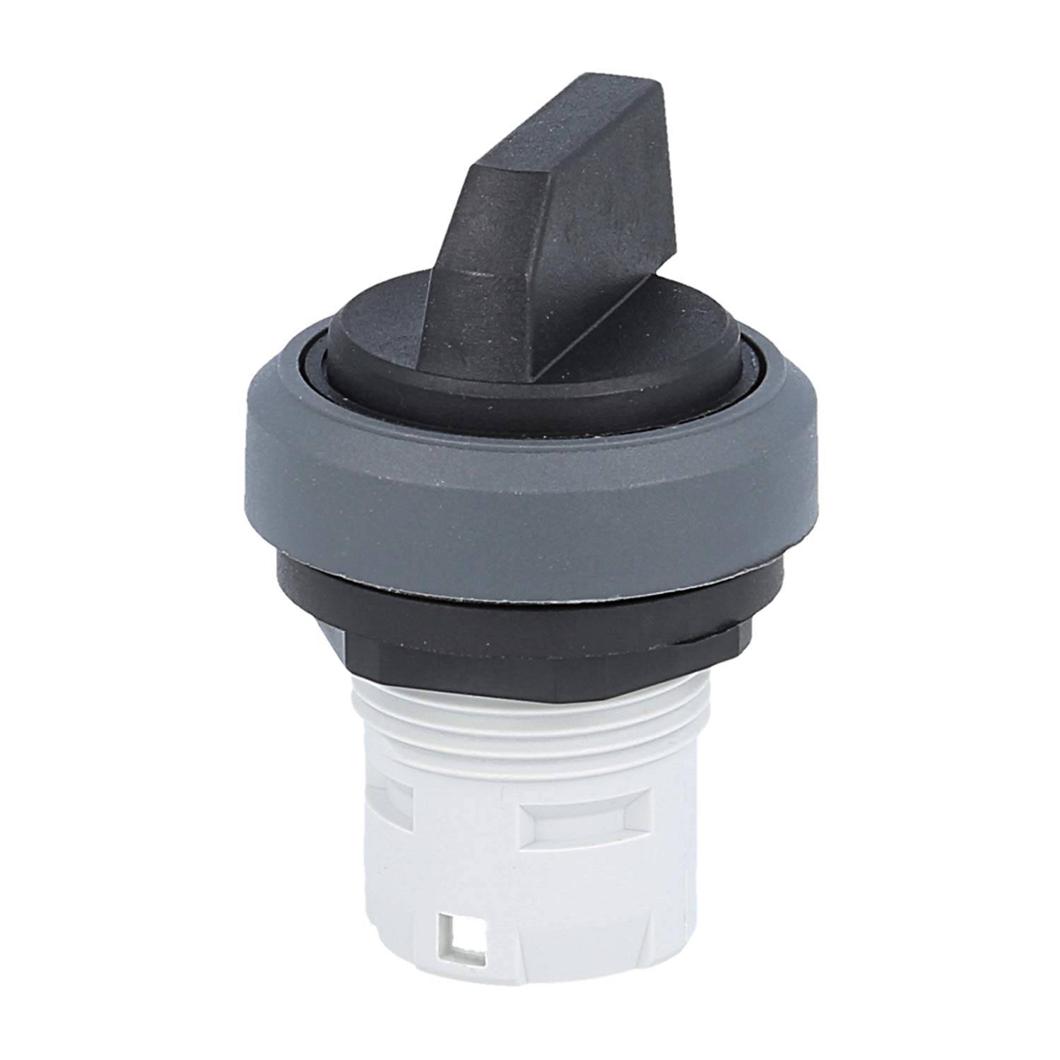 Ein schwarzer Drehschalter mit grauer Kreisbasis und weißem zylindrischem Gehäuse, der häufig zur Einstellung von Steuerungen auf Maschinenbedienfeldern verwendet wird.