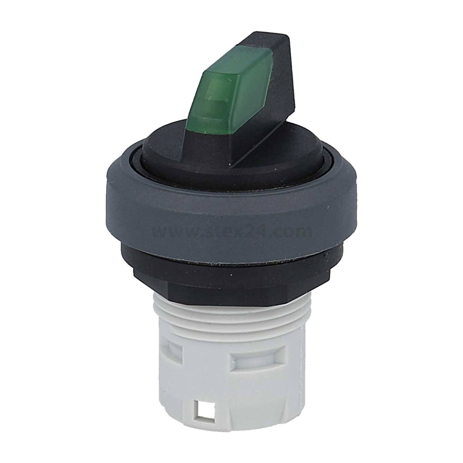 Ein schwarz-grüner Drehschalter mit weißer Grundplatte, geeignet für Einbau in Bedienblenden, zur Steuerung elektrischer Schaltkreise.