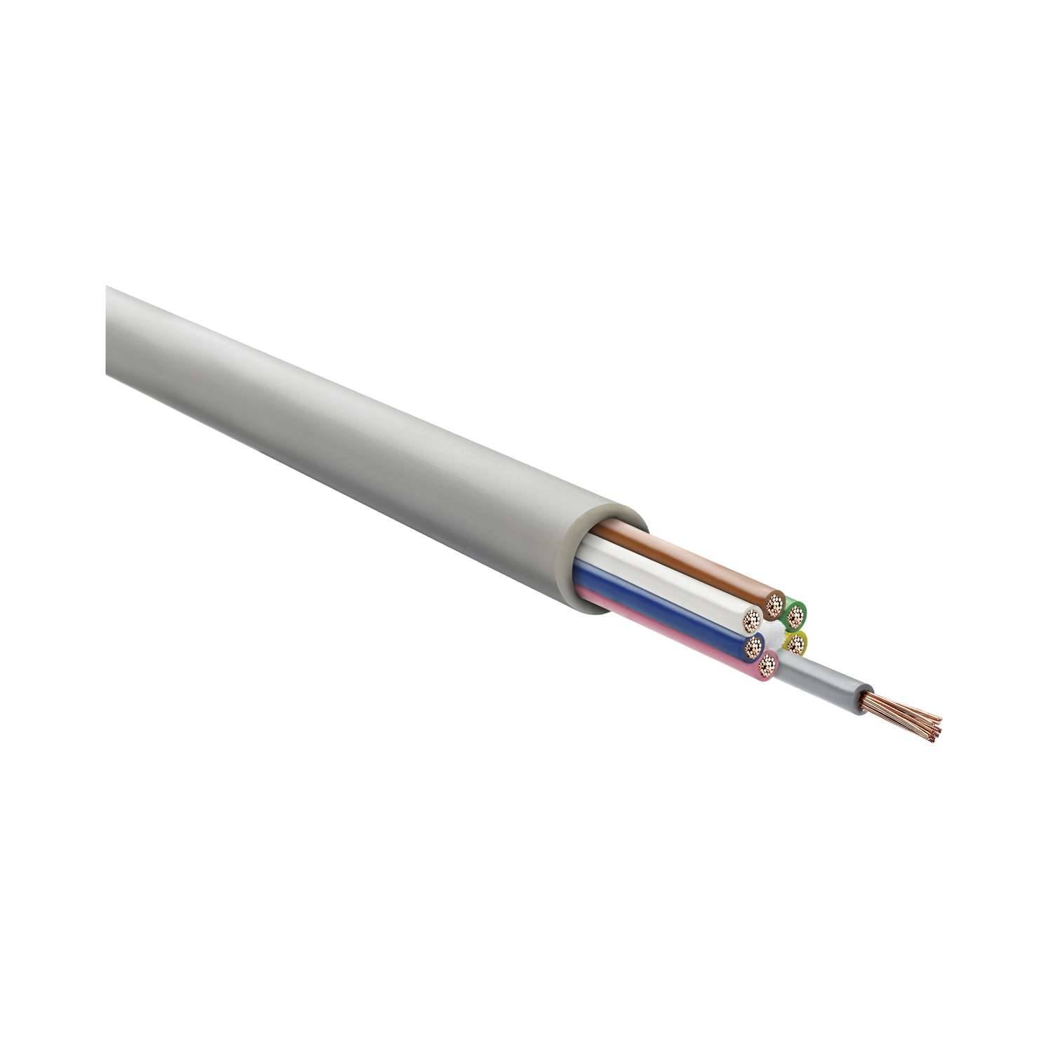 Querschnitt eines Elektrokabels, das mehrere Kupferdrähte mit verschiedenfarbigen Isolationsschichten zeigt und die Funktionen der Drähte angibt.