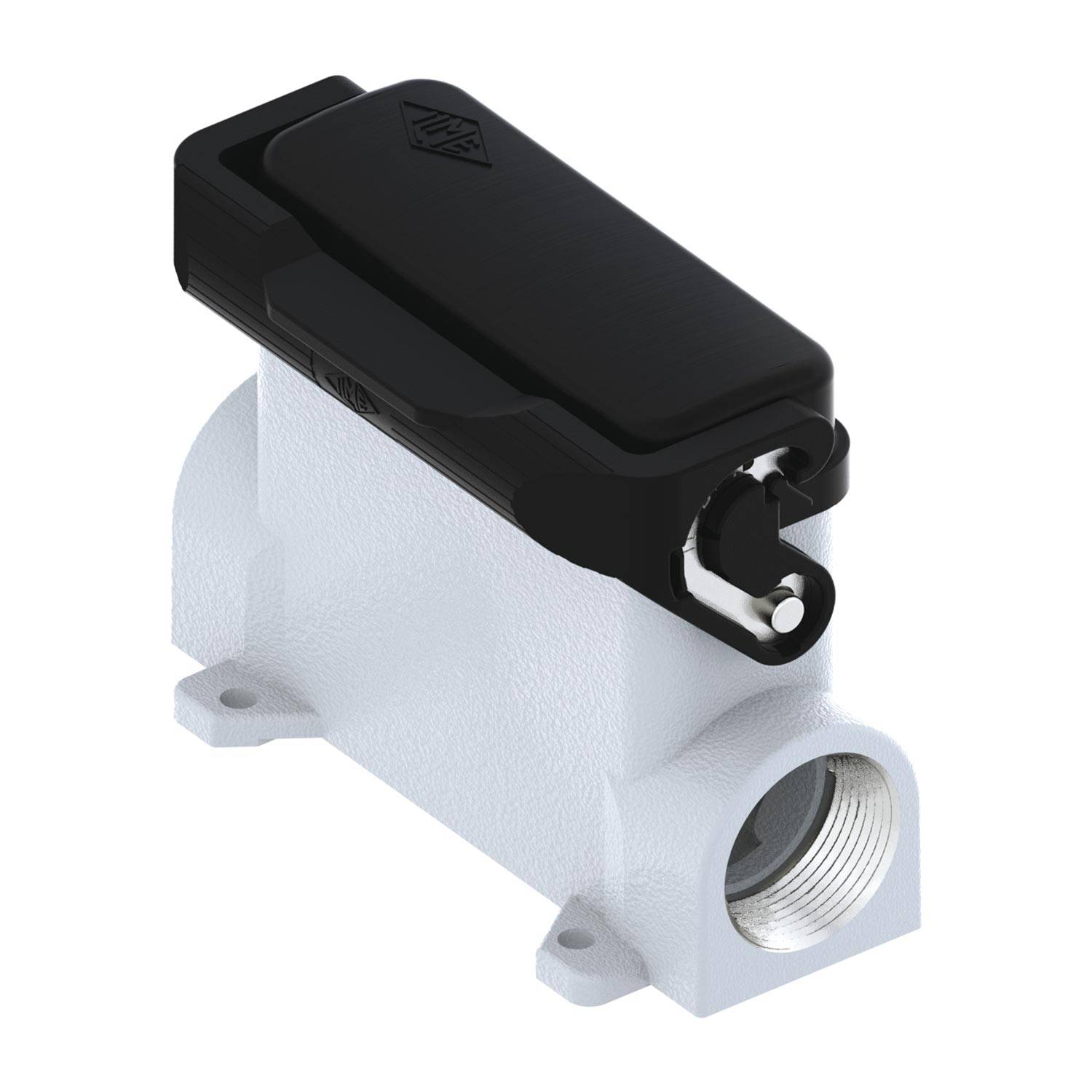 Eine metallische Industriekomponente mit schwarzer Oberseite und zylindrischer Öffnung, konzipiert zum Anbringen oder Befestigen, verwendet in Maschinensystemen.