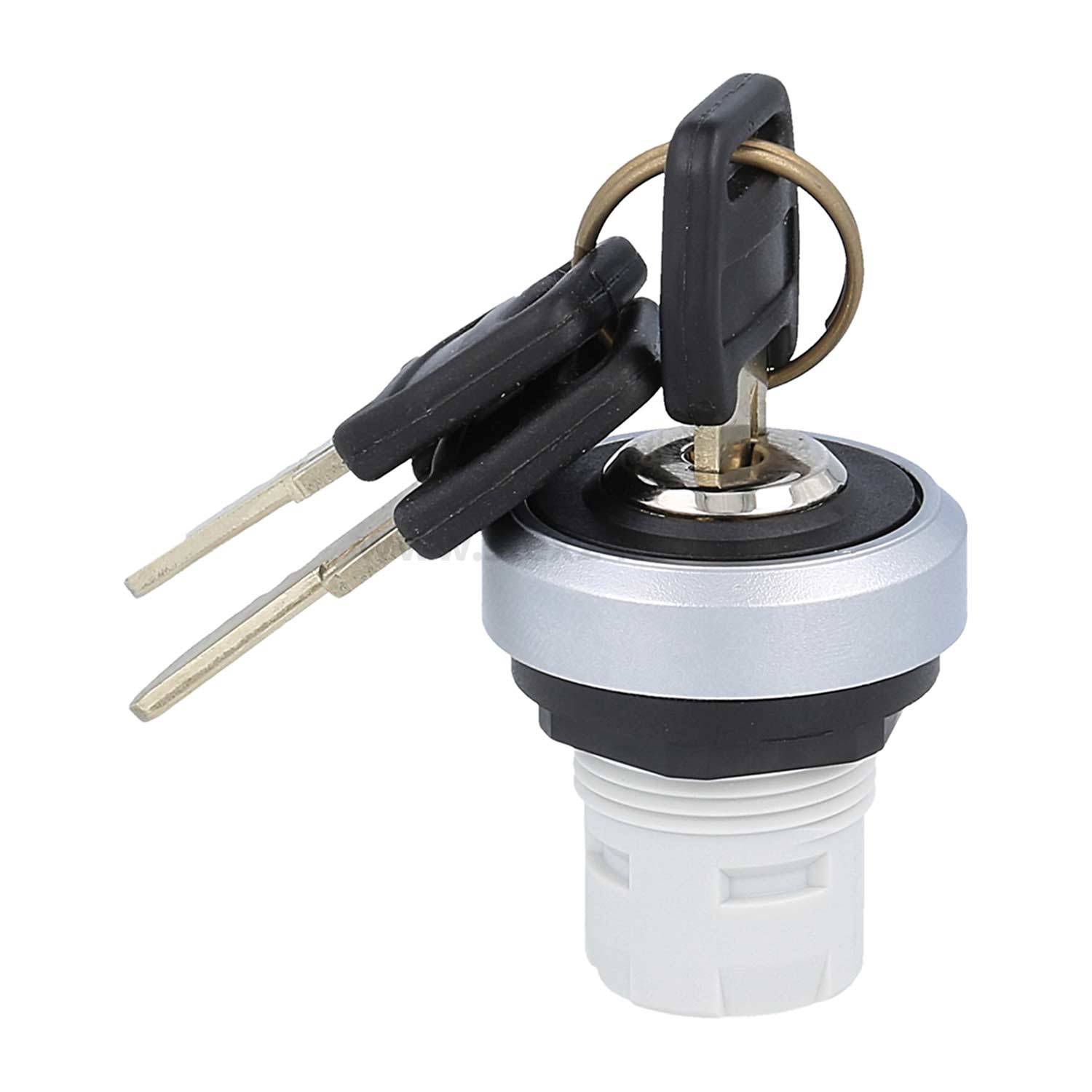 Ein Schließzylinder mit zwei identischen Schlüsseln, die eingesteckt sind, befestigt an einer silbernen und schwarzen runden Komponente.