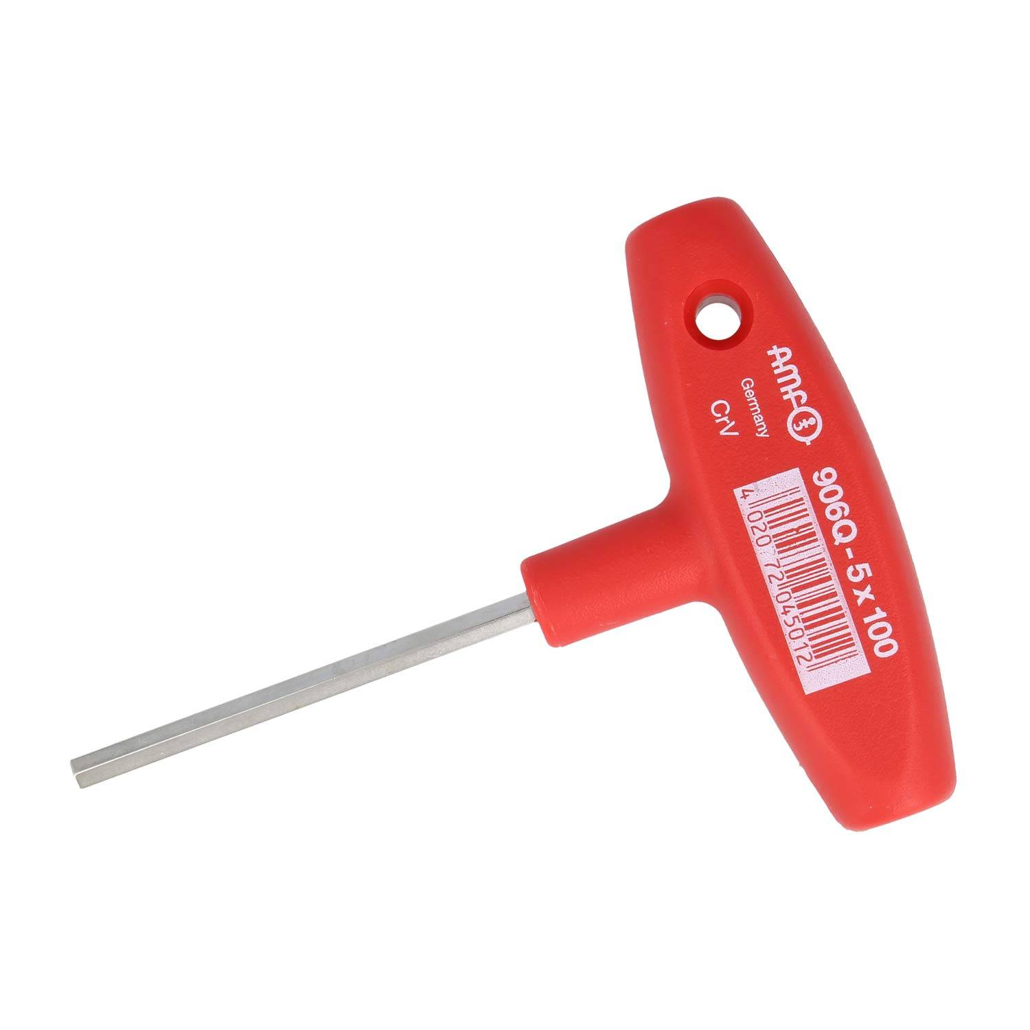 Ein T-Griffschlüssel mit rotem Griff, markiert mit 'AME 906Q 5x100', konzipiert zum Drehen von Schrauben oder Bolzen mit Sechskantaufnahme.