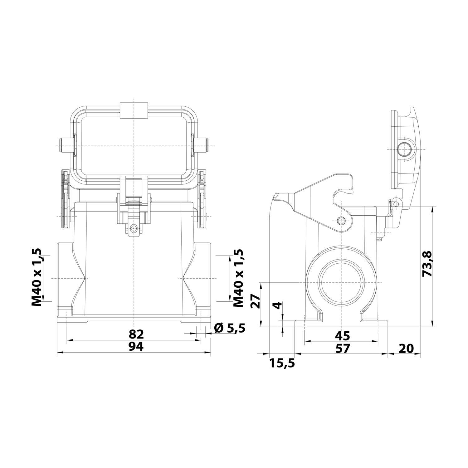 Technische Zeichnung eines mechanischen Bauteils mit Abmessungen: Breite 94, Tiefe 57, Höhe 73,8. Merkmale umfassen Befestigungs- und Ausrichtungspunkte.