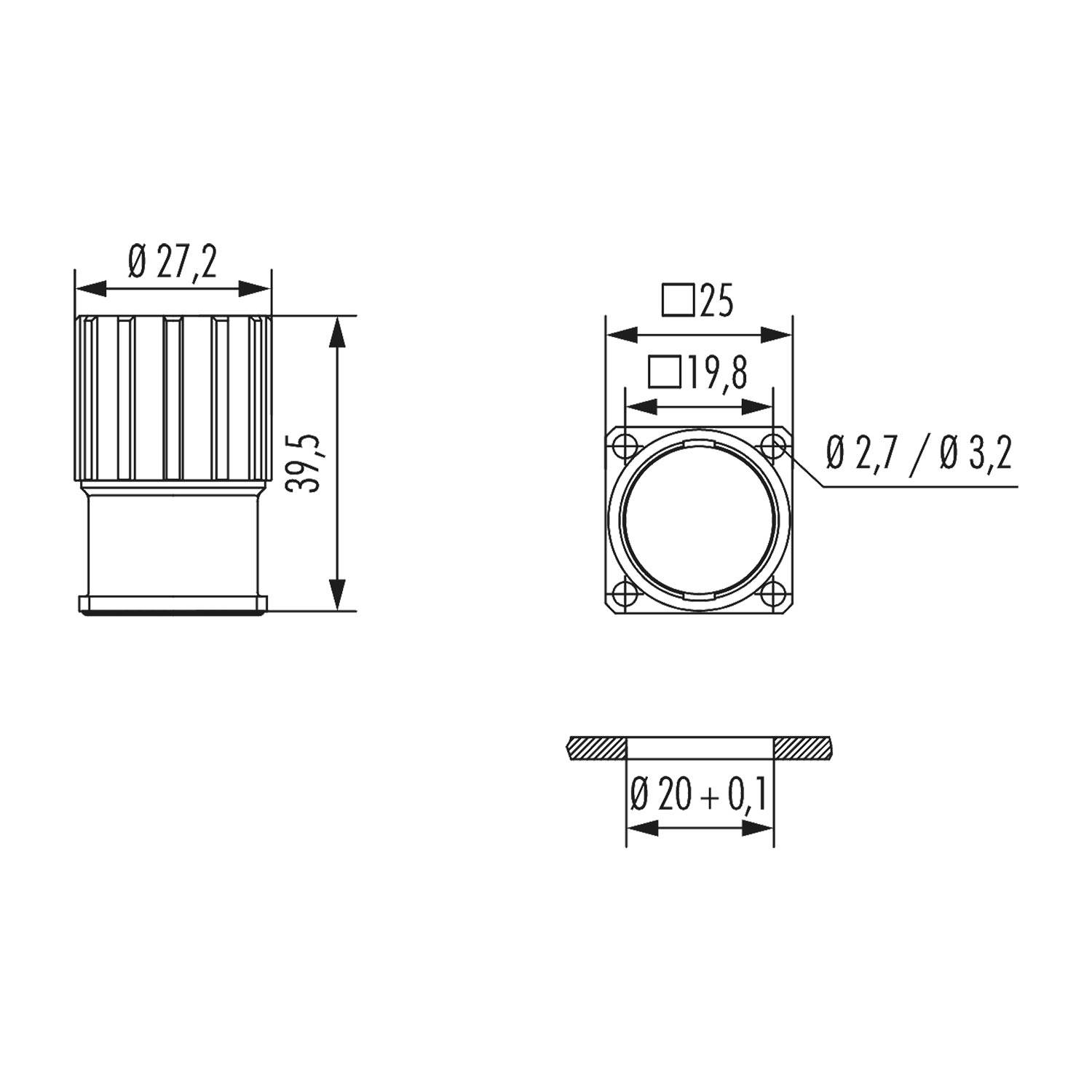 Technische Zeichnung eines zylindrischen Objekts mit gerippten Seiten. Abmessungen: Höhe 39,5, Durchmesser 27,2. Draufsicht: 25 x 19,8.