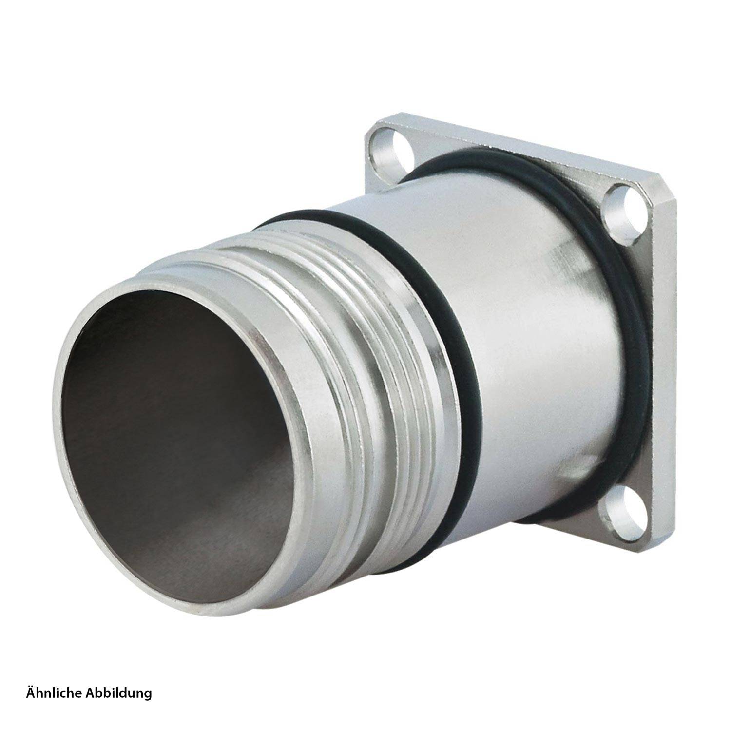 Ein metallischer zylindrischer Verbinder mit einem Flansch mit vier Löchern, geeignet für den Einbau. Er verfügt über eine geriffelte Oberfläche und eine O-Ring-Dichtung.