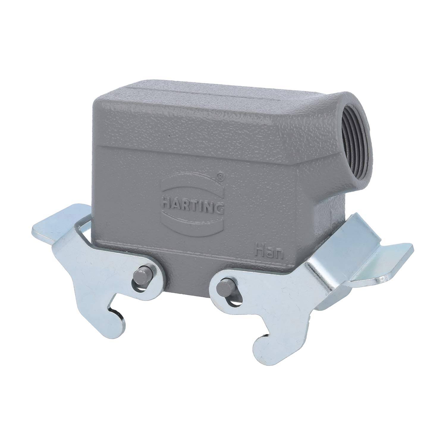 Ein graues Harting-Gehäuse für Industriesteckverbinder mit Metallverriegelungshebeln, konzipiert für industrielle elektrische Verbindungen.