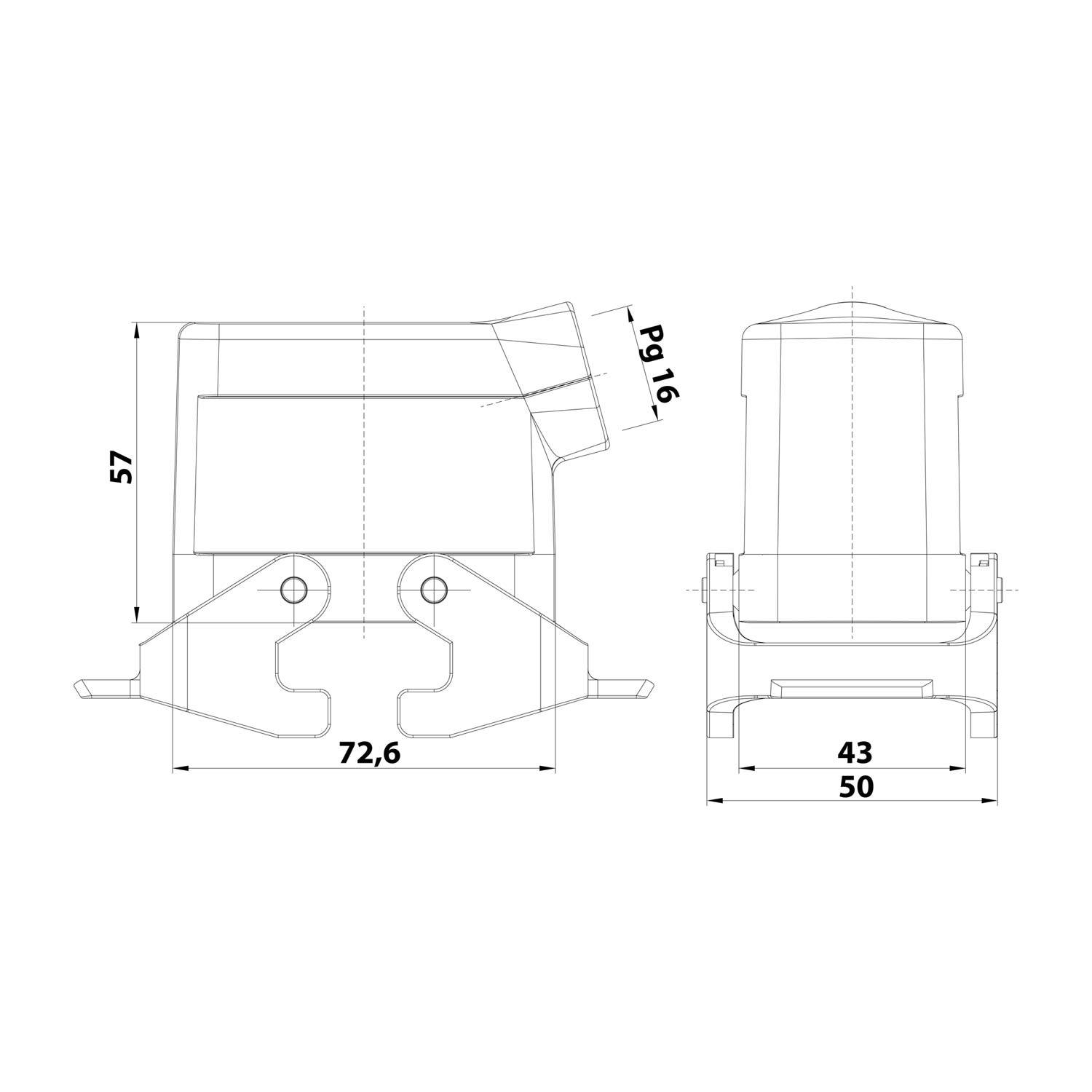 04300101531 HARTING Han 10B Tüllengehäuse niedrig, 1xPG16 seitlicher Kabelabgang, mit 2 Querbügeln Verschraubung PG16