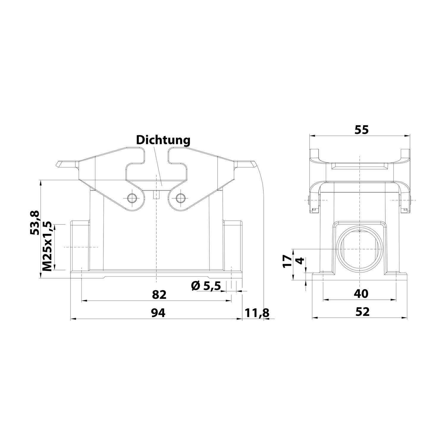 Technische Zeichnung zur Darstellung der Abmessungen einer Konstruktionskomponente: Höhe 53,8 mm, Breite 82 mm, Tiefe 94 mm, mit gekennzeichneten Abschnitten einschließlich 