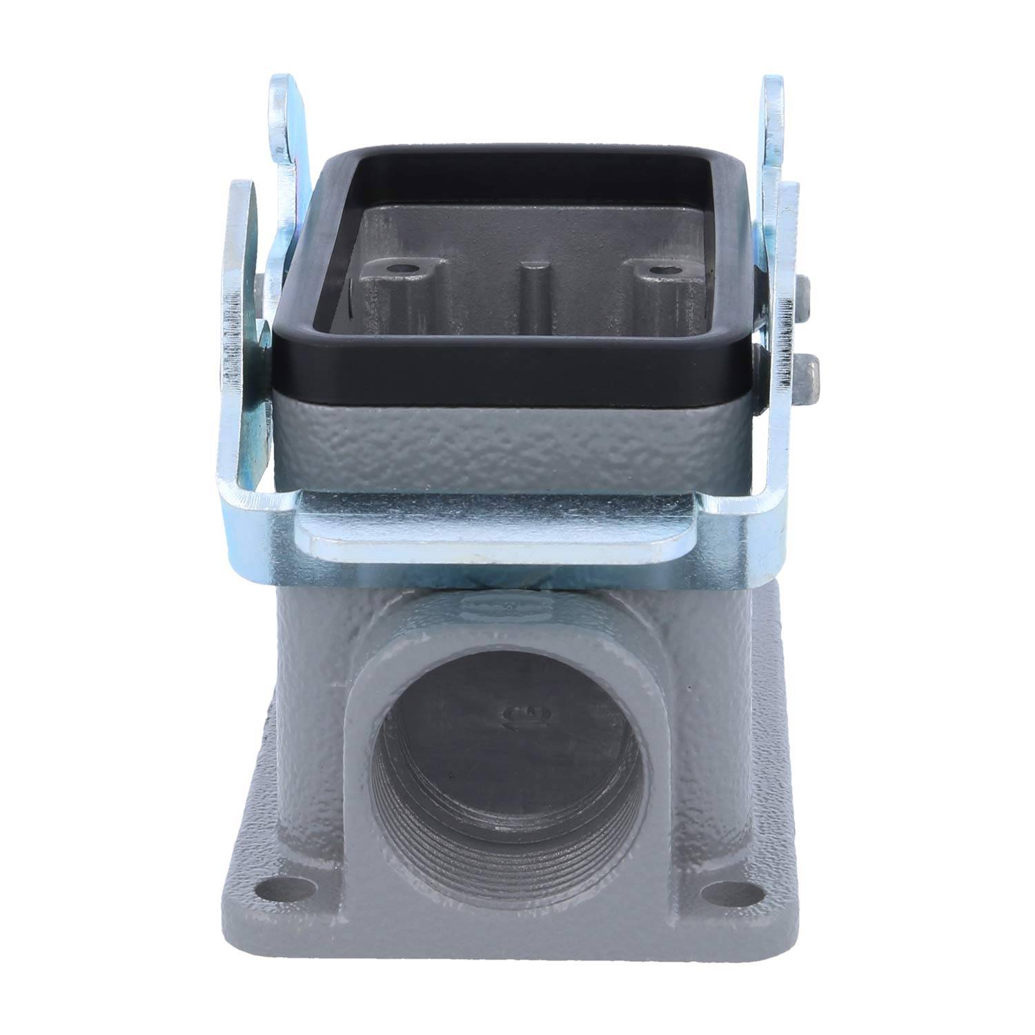 Grauer und schwarzer rechteckiger industrieller Anschluss mit einer sichtbaren Gewindebohrung, montiert auf einer blauen Metallhalterung.