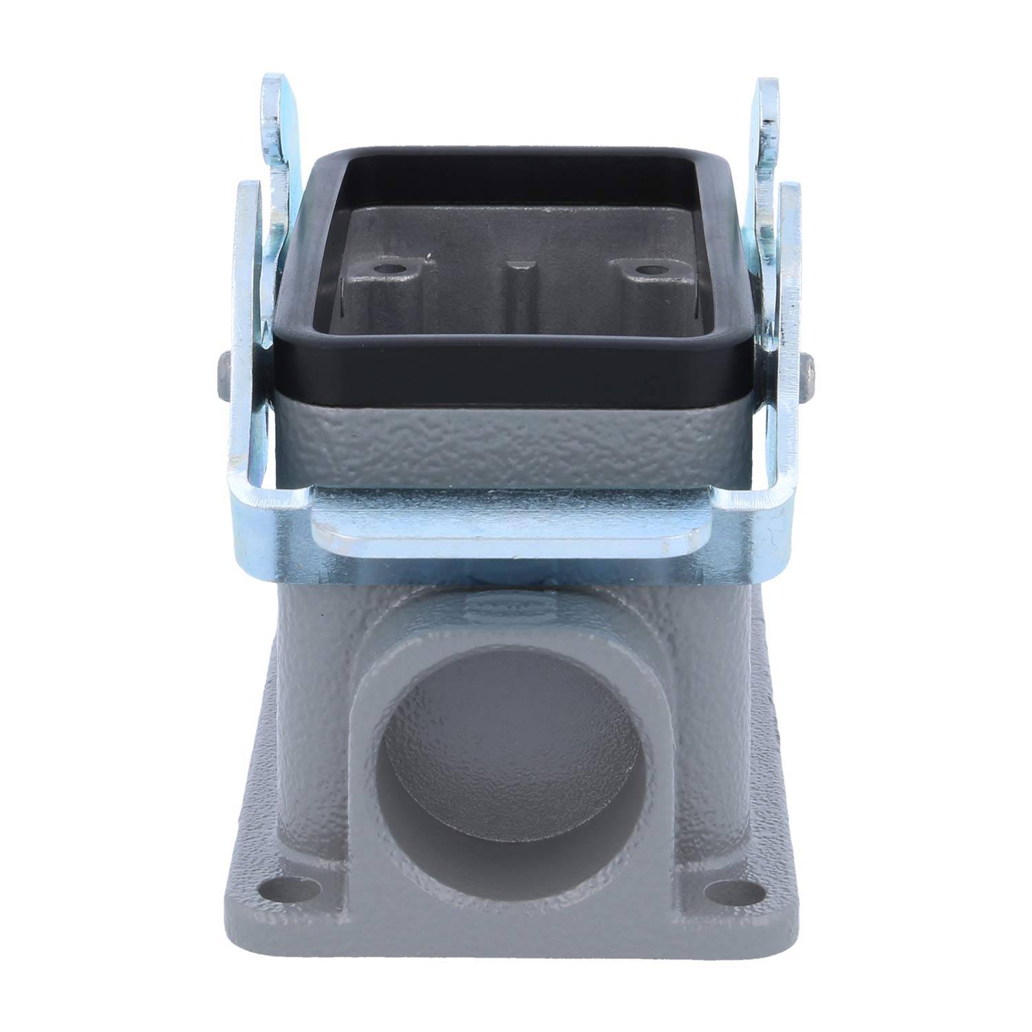 Ein grauer metallischer industrieller Anschlussgehäuse mit einem rechteckigen Abteil und Sicherungsklemmen, konzipiert für elektrische Verkabelungsanwendungen.