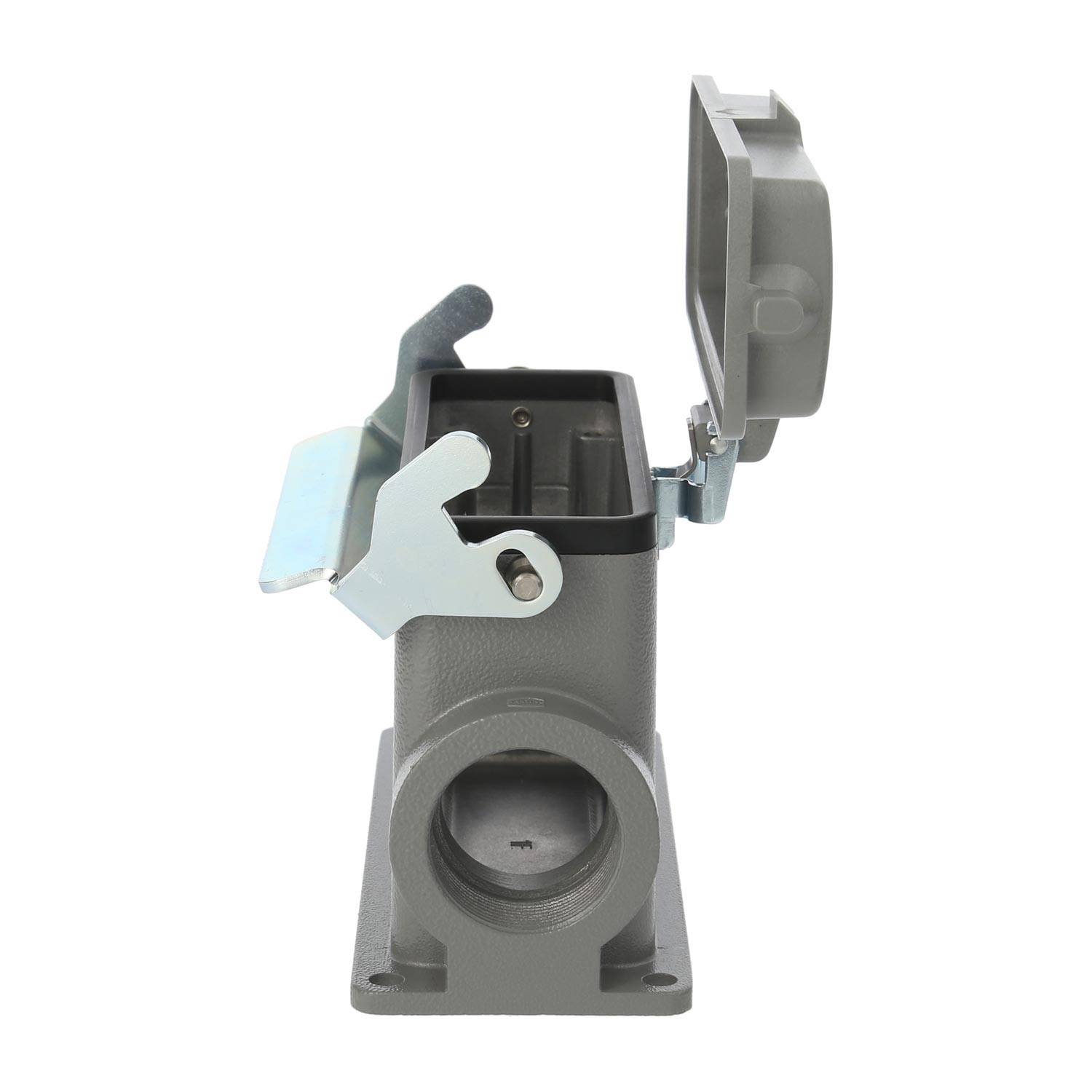 Ein elektrisches Anschlussgehäuse mit einem klappbaren Deckel, in grauer Metallic-Optik. Der Deckel ist geöffnet und gibt den Innenraum frei.