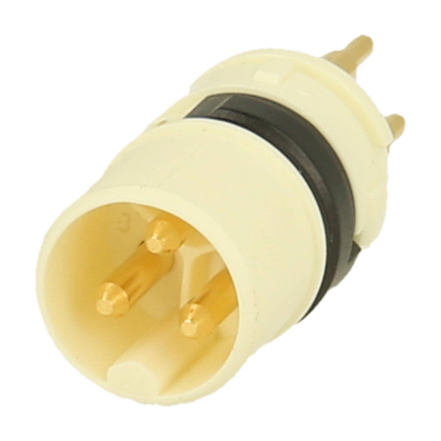 Ein beiger zylindrischer elektrischer Stecker mit drei goldenen Kontakten, der typischerweise für sichere elektrische Verbindungen in verschiedenen Geräten verwendet wird.