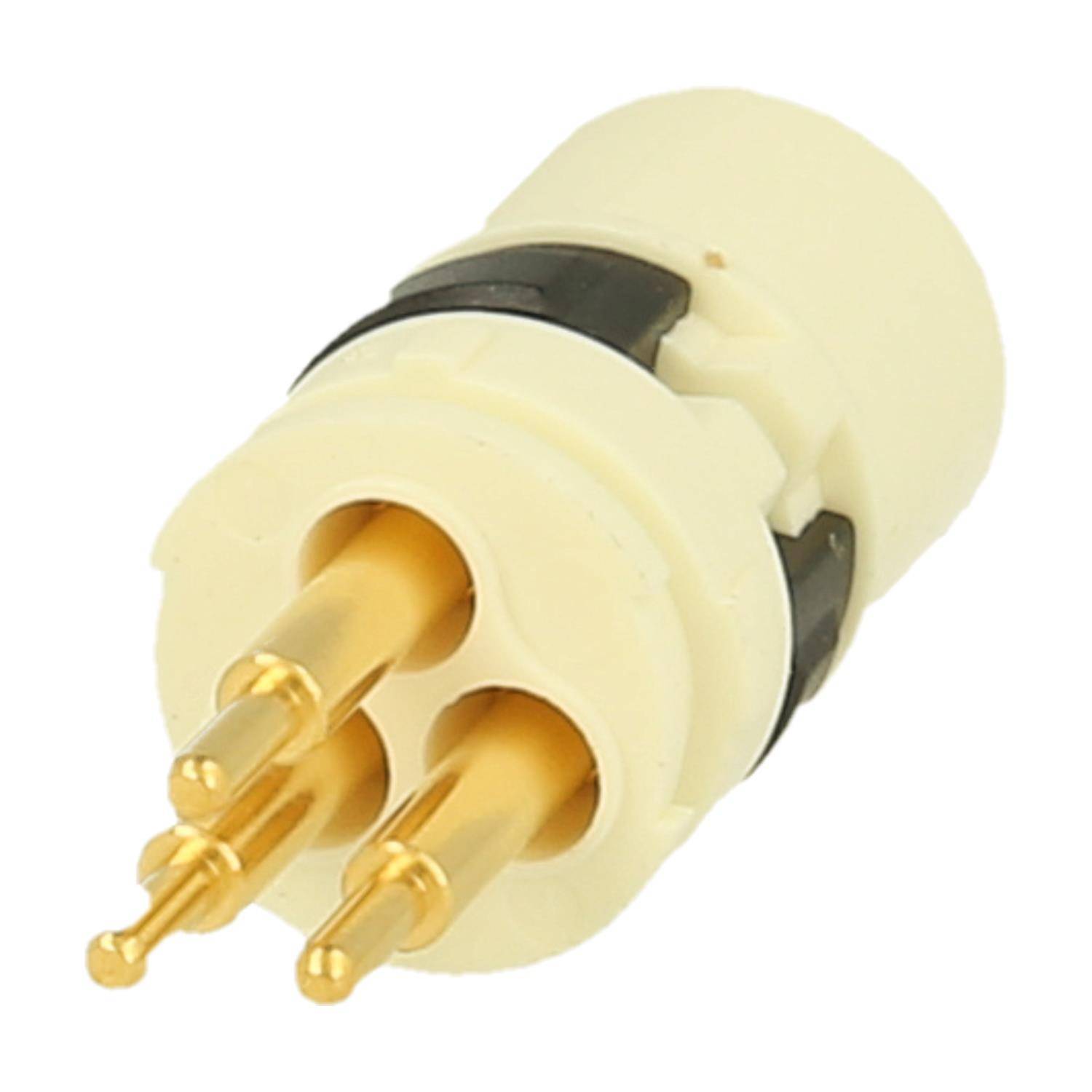 Ein dreipinniger runder elektrischer Steckverbinder mit einer cremefarbenen Gehäuse und vergoldeten Kontaktstiften, der für sichere und zuverlässige elektronische Verbindungen verwendet wird.