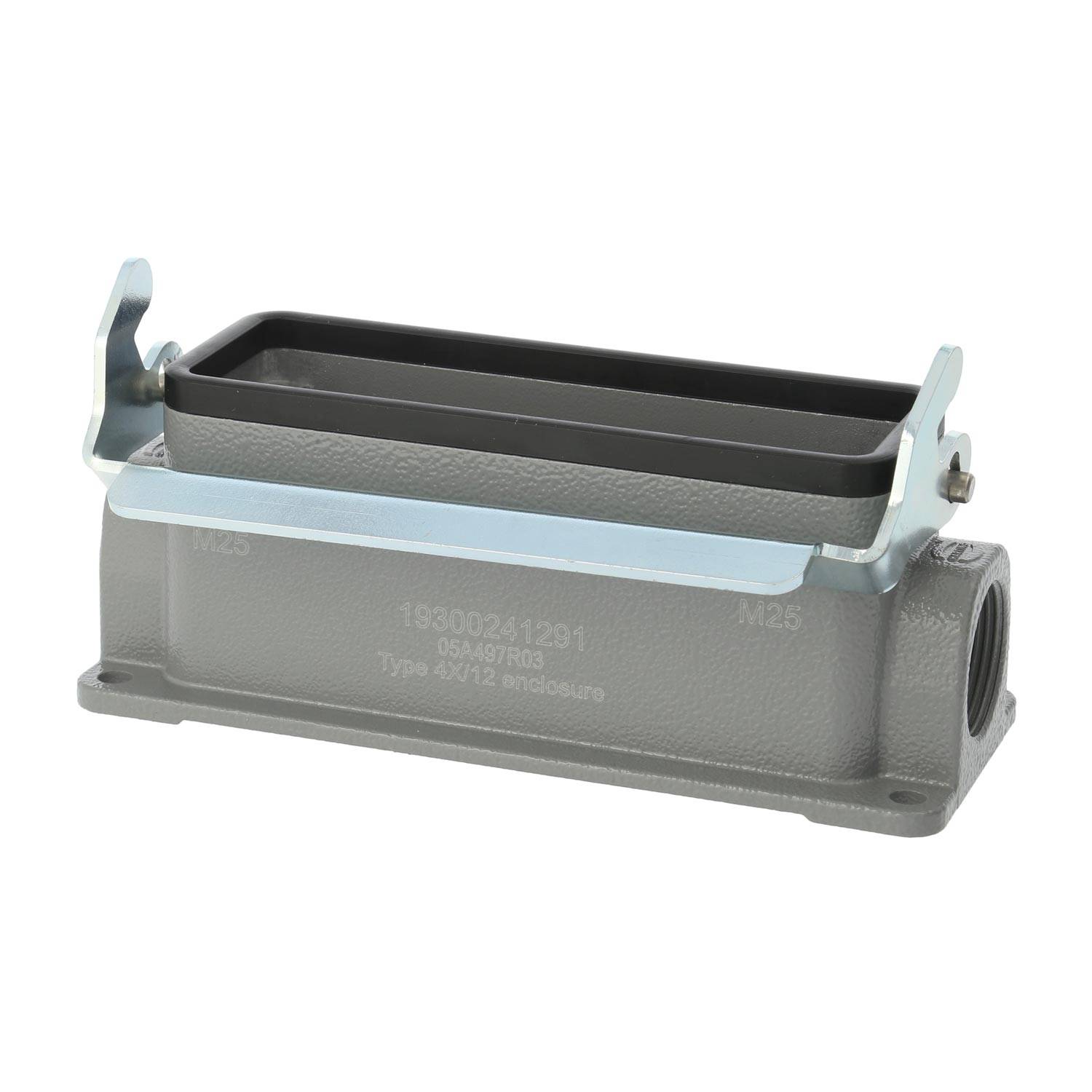 Rechteckiges industrielles Anschlussgehäuse mit seitlichen Verriegelungen und Schraubbefestigungen, gekennzeichnet als 'DSM47203 Typ 3A/V12 Gehäuse.