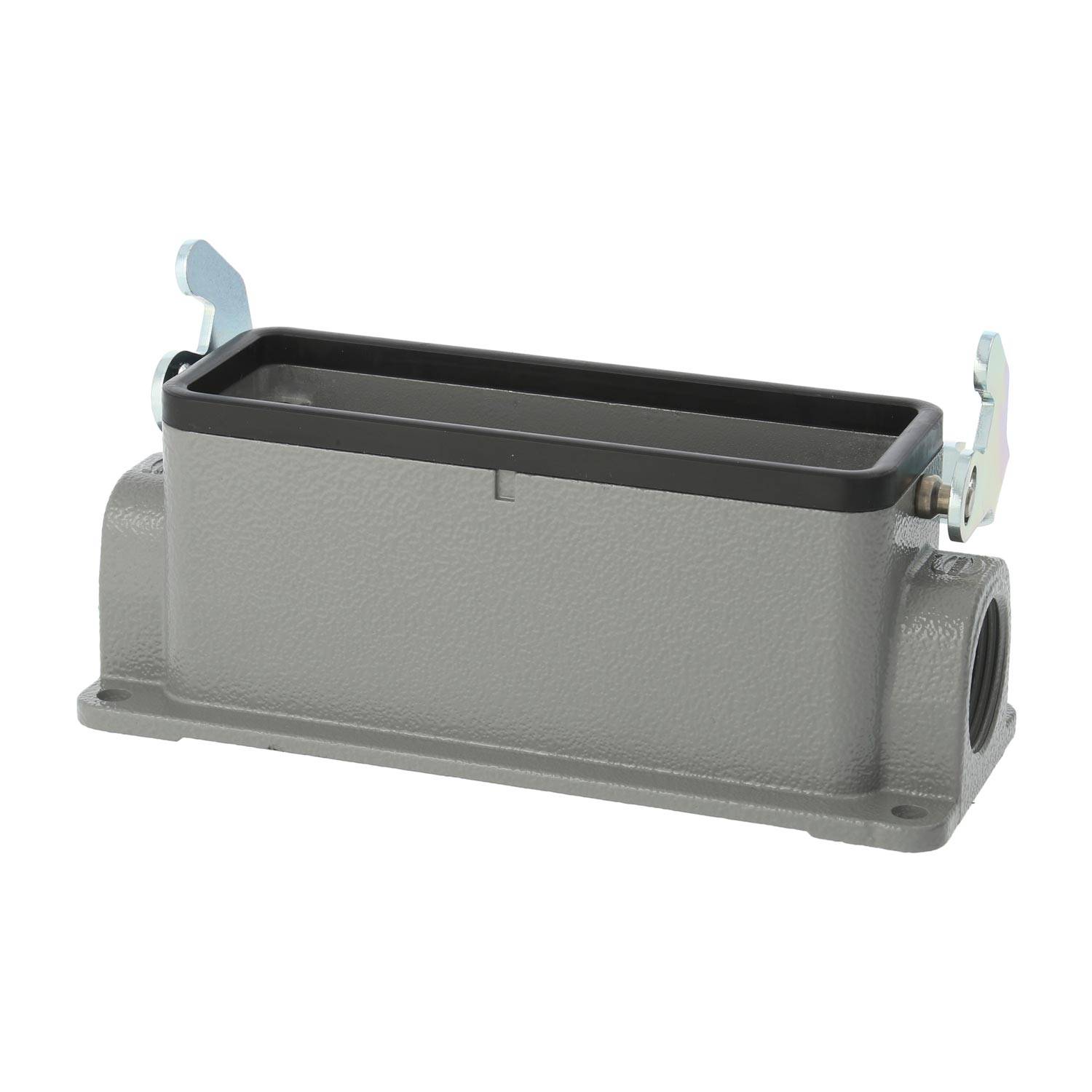 Ein rechteckiges graues industrielles Steckergehäuse mit Metallverriegelungen an beiden Seiten, verwendet für sichere elektrische Verbindungen.