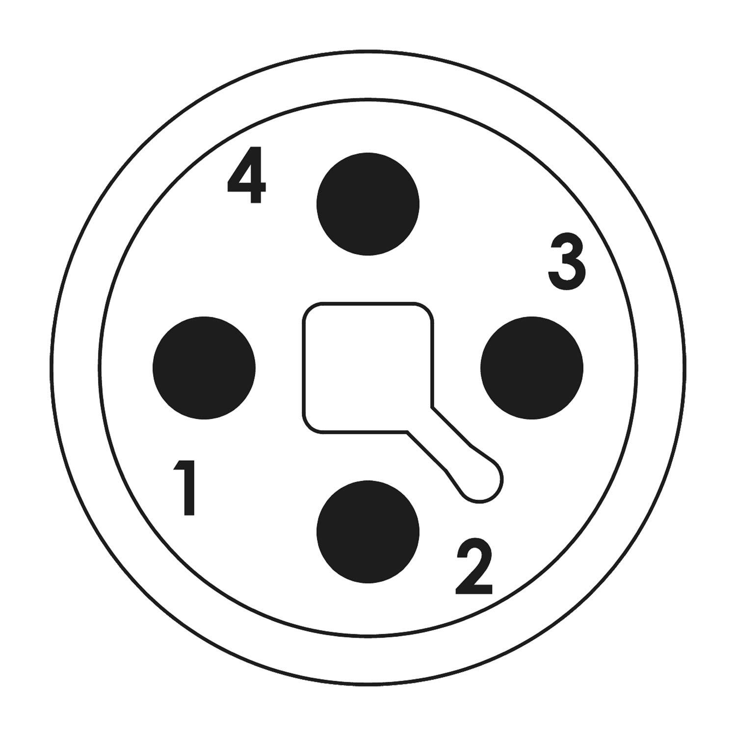Diagramm eines 5-poligen DIN-Steckers, der die Nummerierung von 1 bis 4 um Pin 5 zeigt, der eine Schlüsselnut enthält.