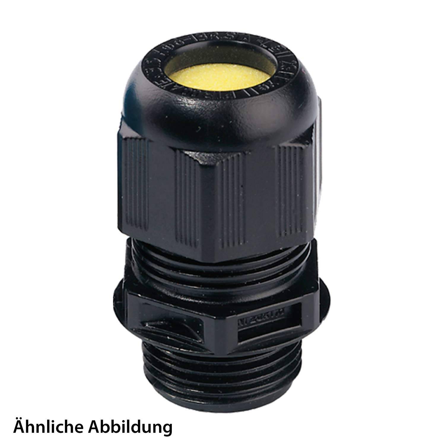 Ein schwarzer Kabelverschraubung aus Kunststoff mit gelber Innendichtung, verwendet zum Sichern von Kabeln in elektrischen Geräten. Ähnliche Optik wie das tatsächliche Objekt.