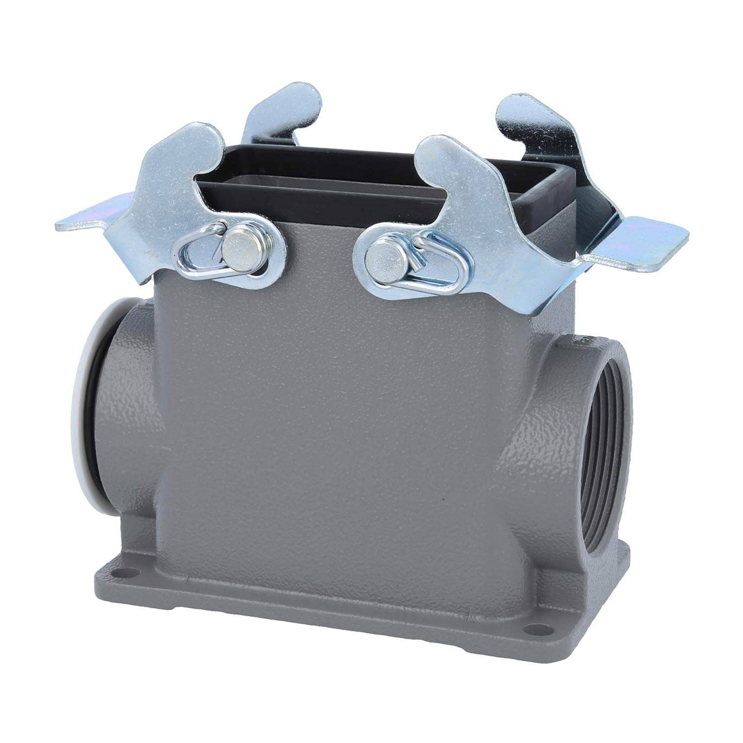 Ein graues industrielles Steckverbindergehäuse mit Metallverriegelungen, entwickelt zur Sicherung elektrischer Verbindungen in industriellen Umgebungen.