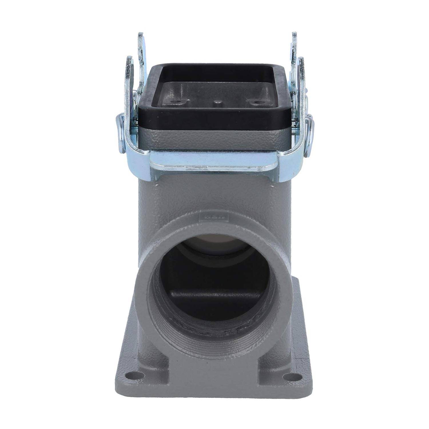 Ein grauer Industriestecker mit einem rechteckigen schwarzen Deckel, der auf der Oberseite einen Metallspannmechanismus aufweist und für robuste elektrische Verbindungen verwendet wird.