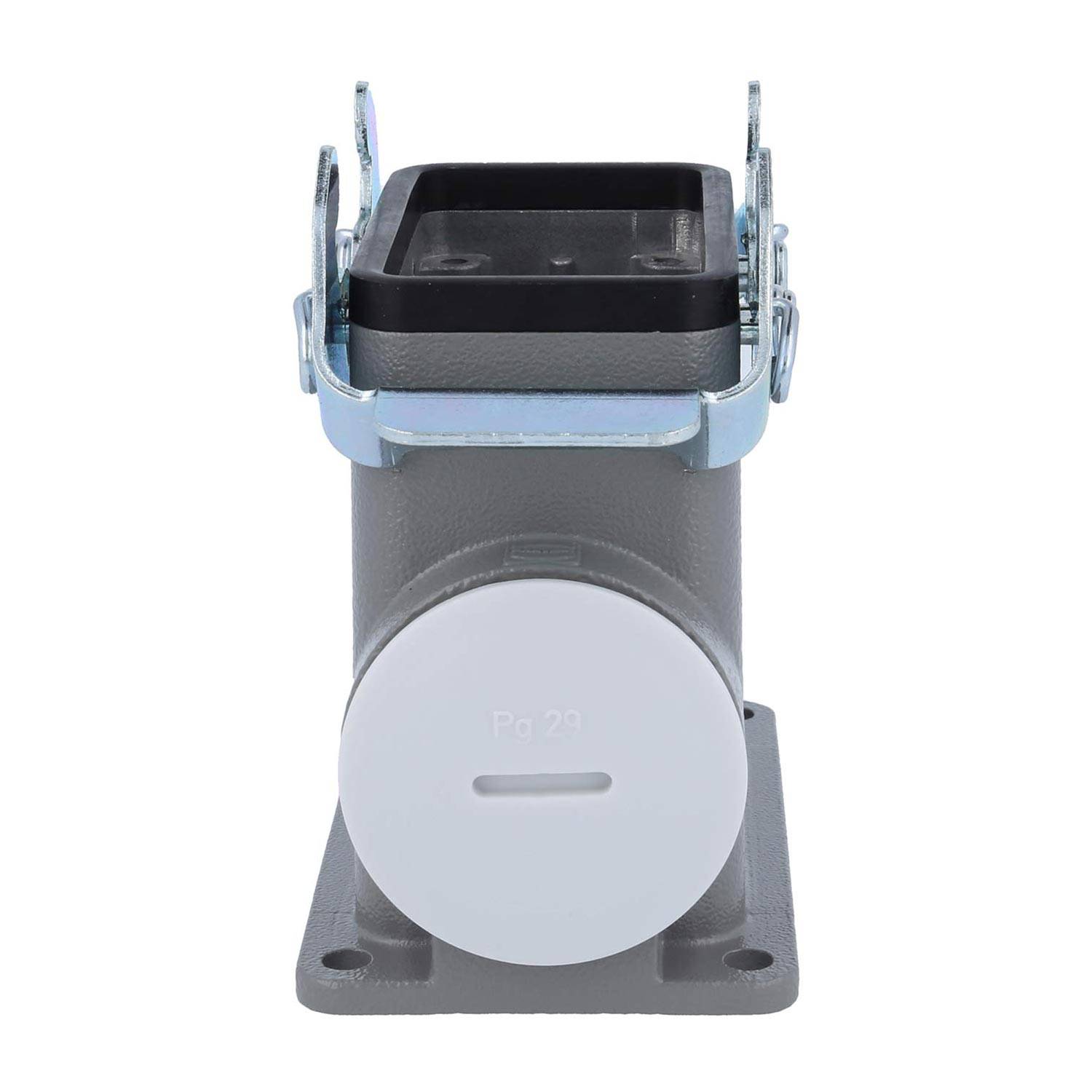 Ein Metallgehäuse für elektrische Komponenten mit Befestigungslöchern, einem schwarzen rechteckigen Deckel und einem kreisförmigen weißen Verschluss, der auf der Vorderseite mit 'Pg 29' gekennzeichnet ist.