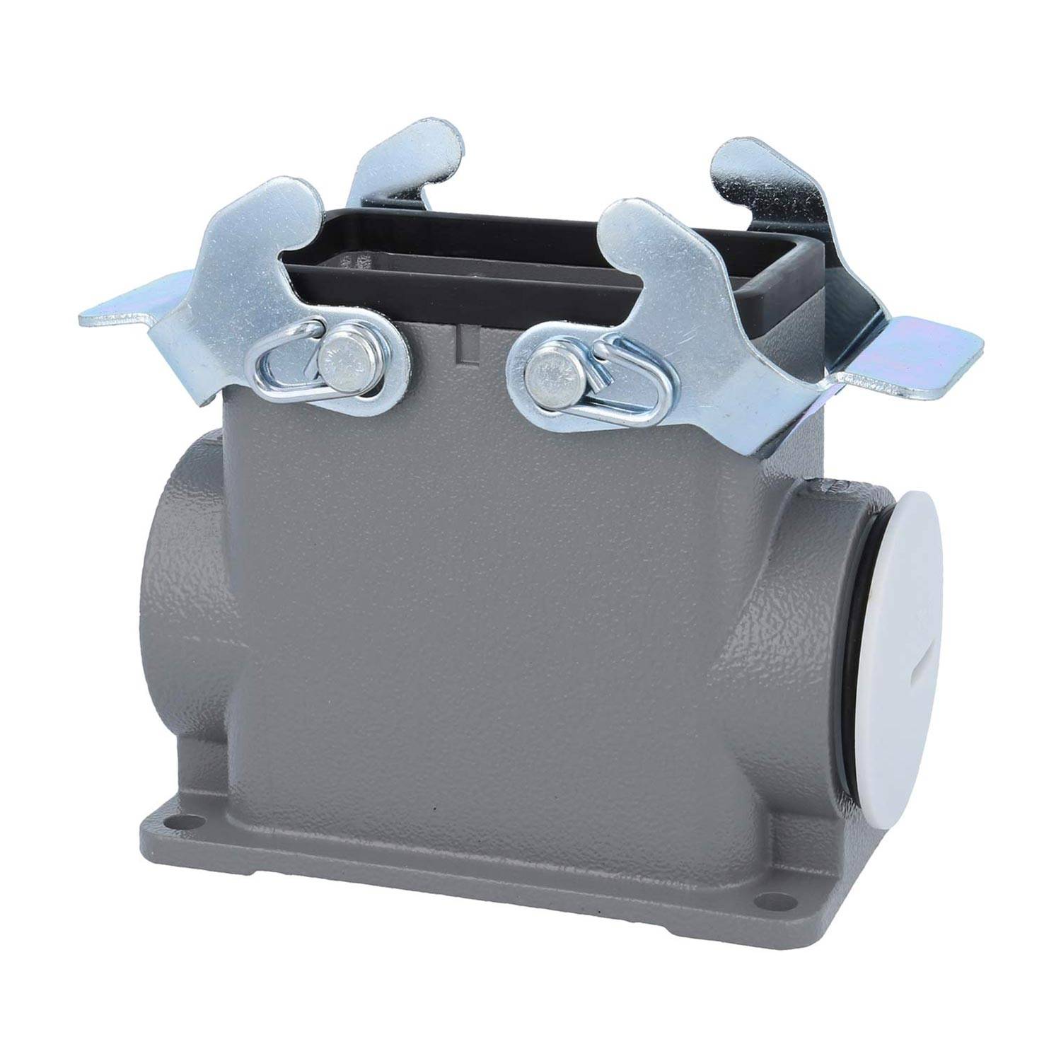 Ein graues industrielles Anschlussgehäuse mit zwei metallischen Verriegelungen und einer sicheren rechteckigen Öffnung für Kabeleinführung, geeignet für robuste Anwendungen.