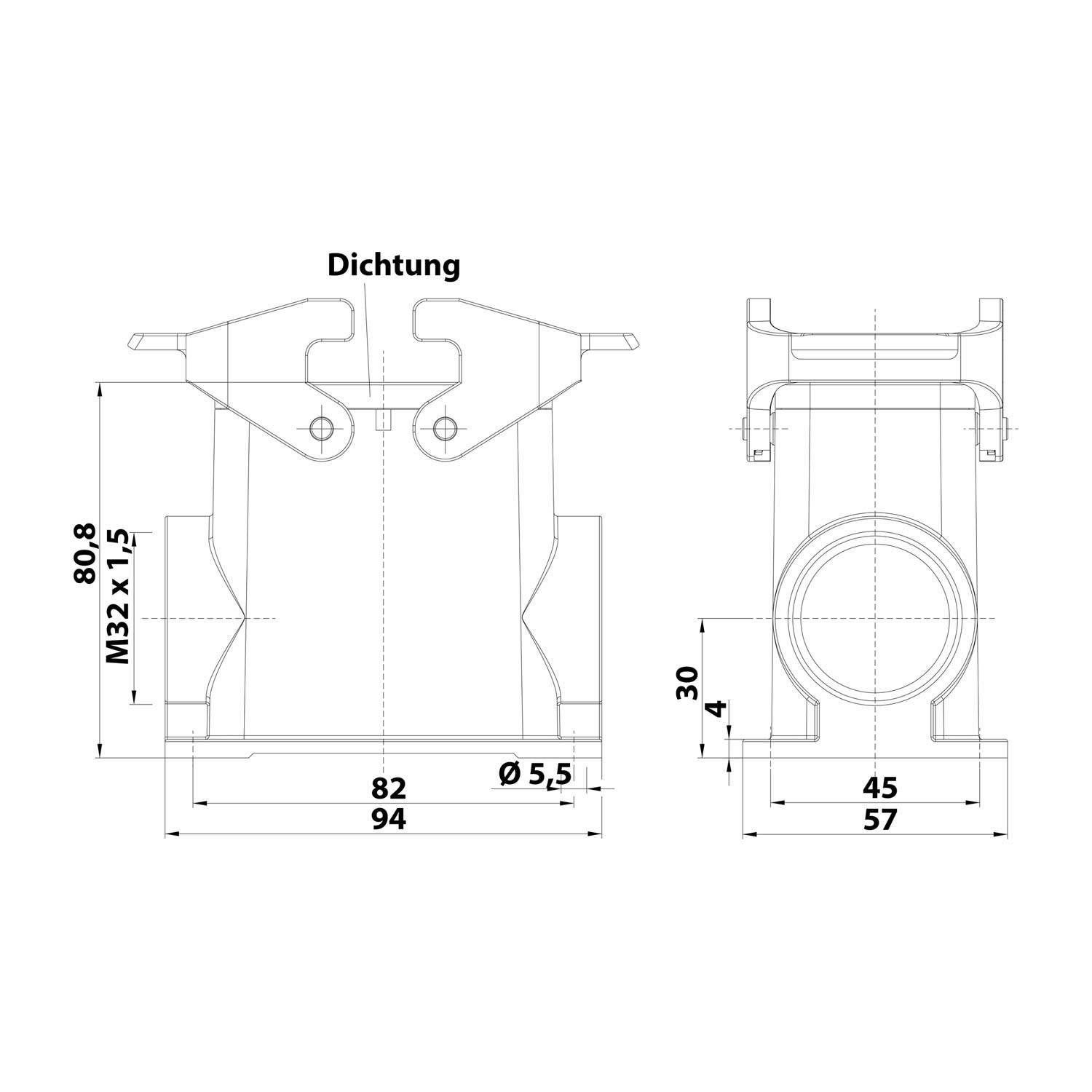 Technische Zeichnung einer mechanischen Komponente mit Maßangaben: Breite 94 mm, Durchmesser 5,5 mm, Höhe 80,8 mm, M32x1,5 Gewinde.