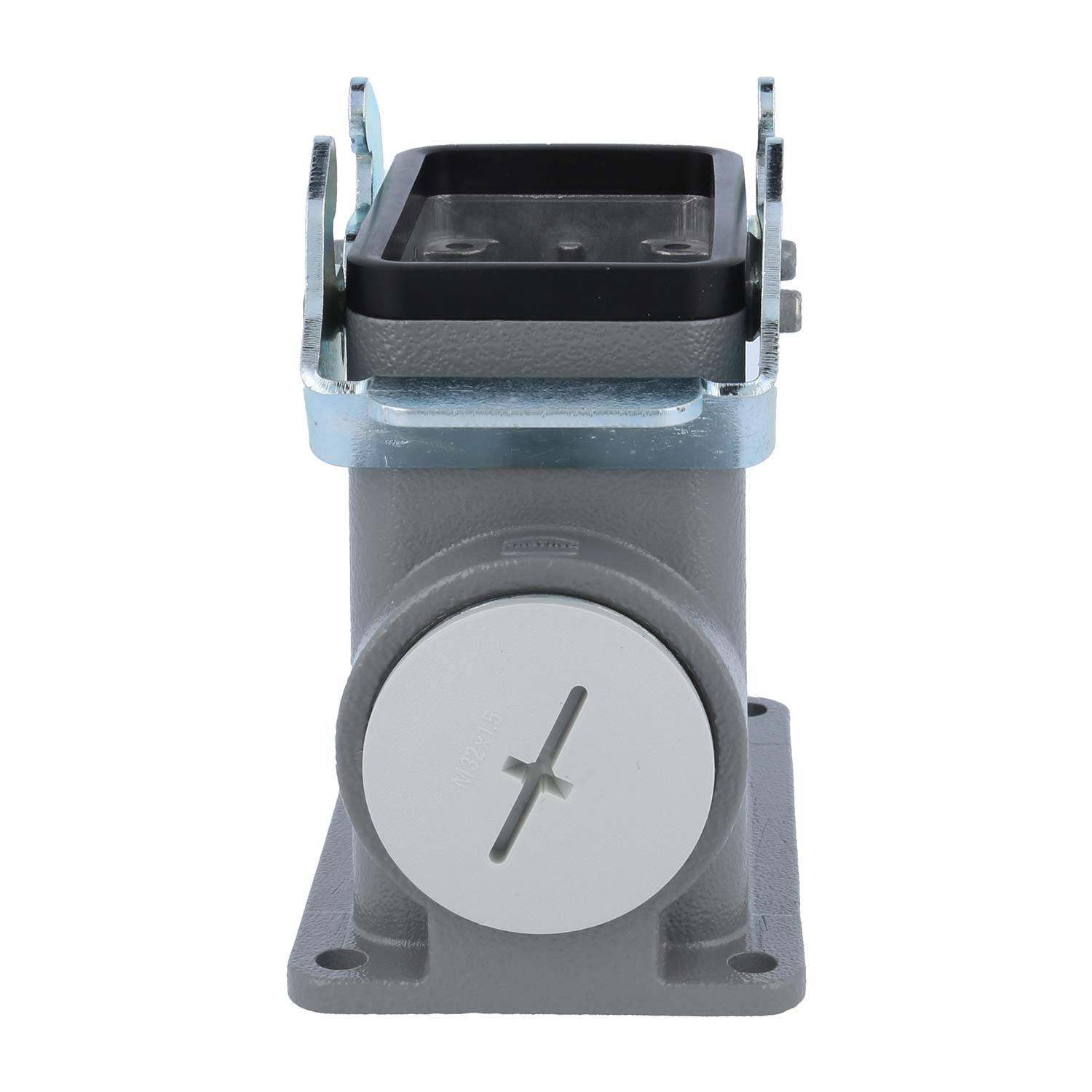 Industrielle Komponente mit einer grauen zylindrischen Basis, quadratischer Oberseite und zwei seitlichen Halterungen. Scheint Teil einer mechanischen oder technischen Baugruppe zu sein.