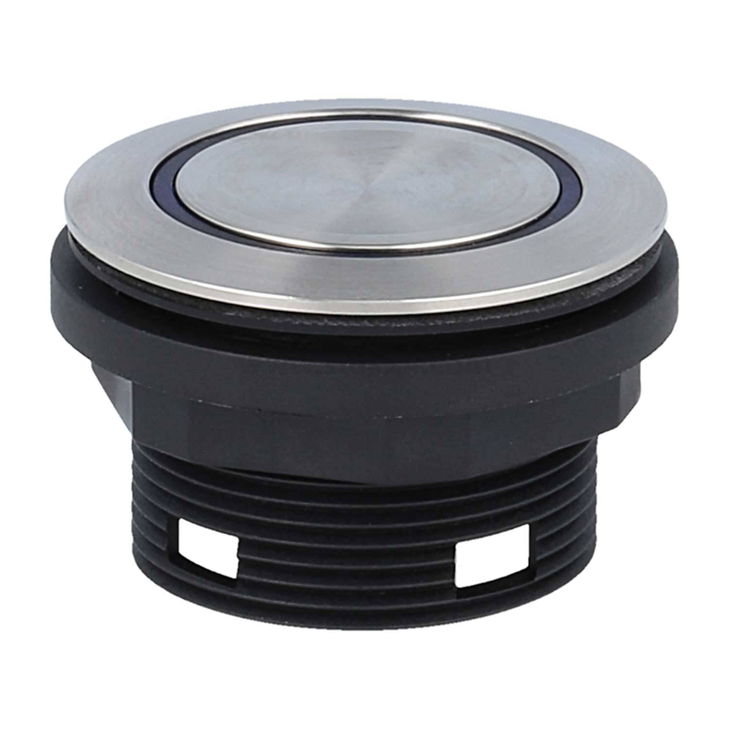 Ein metallischer Druckknopf mit kreisförmigem Design, eingebettet in einem schwarzen Gehäuse. Er wird üblicherweise zur Bedienung von elektronischen Geräten oder Ausrüstungen verwendet.