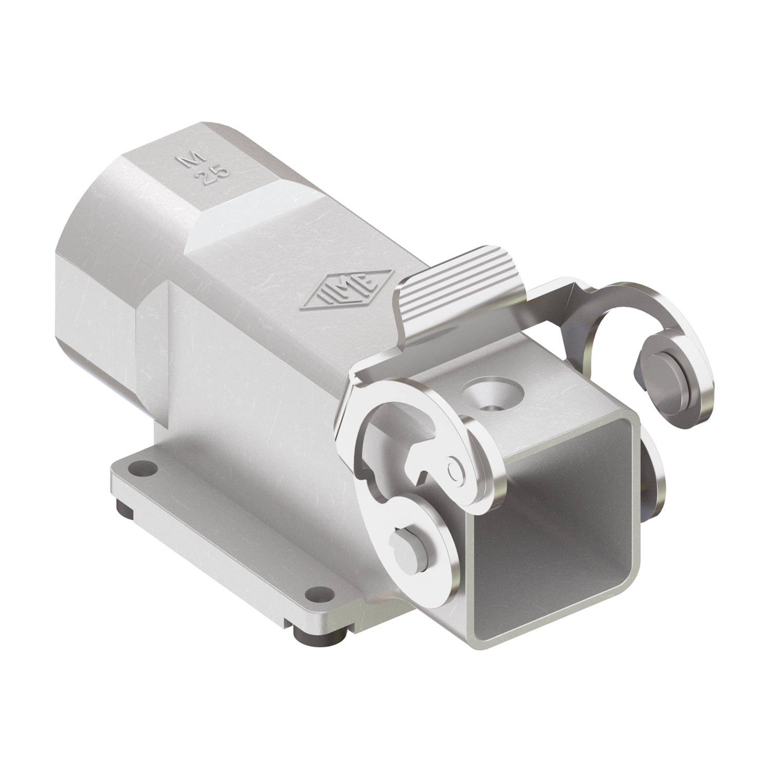 Eine 3D-Darstellung eines metallischen Industrieanschlusses mit einer rechteckigen Öffnung und klemmartigen Befestigungen, konzipiert für elektrische Anwendungen.