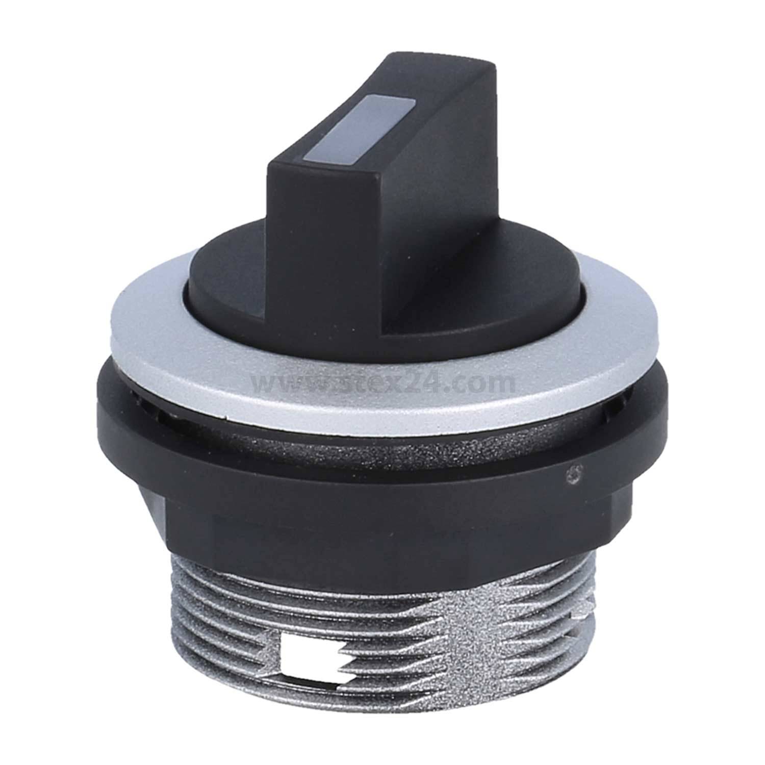 Ein schwarzer und silberner Rotationswahlschalter mit einem rechteckigen Griff, montiert auf einer Gewindemetallbasis.