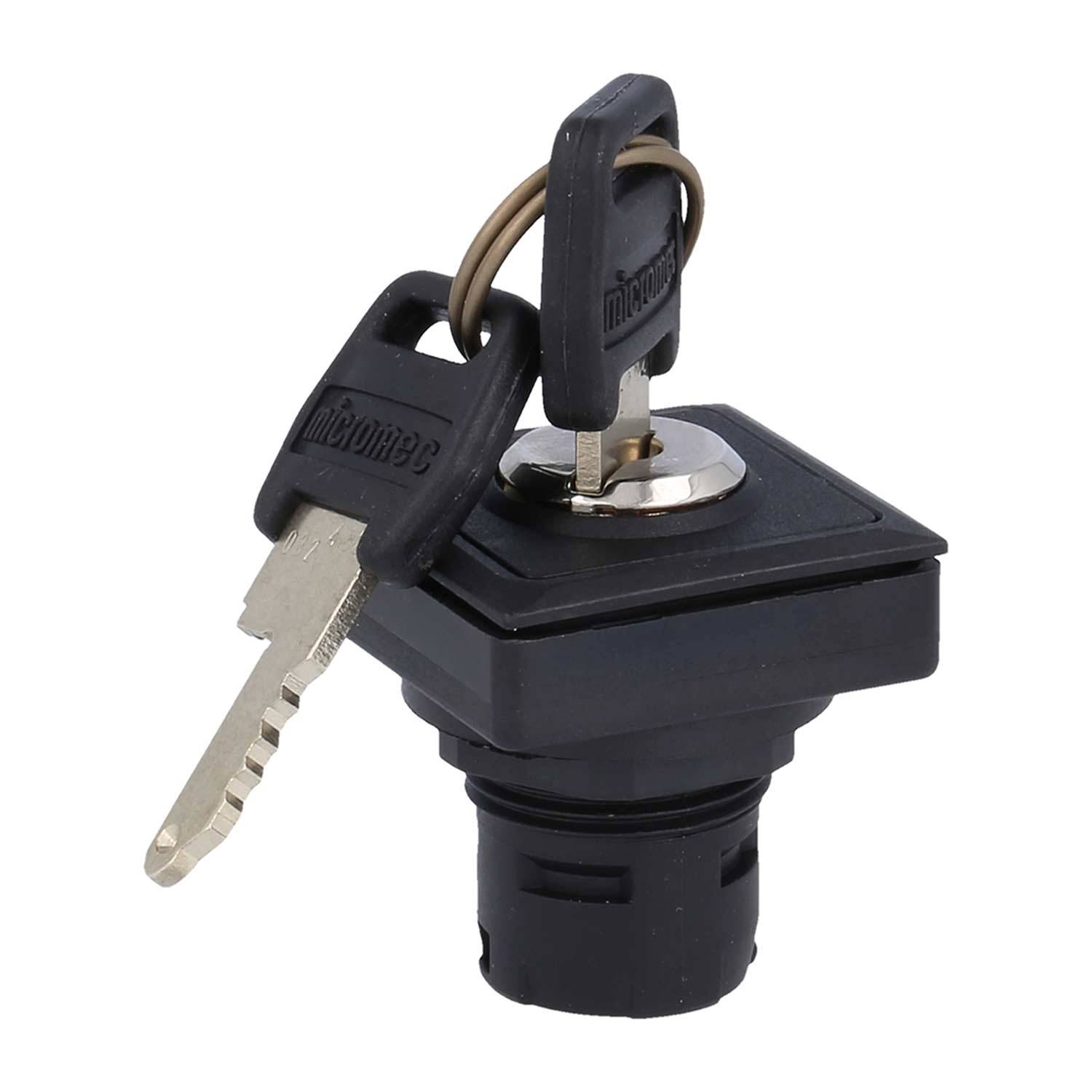 Ein Zweischlüssel-Schalter mit einem schwarzen Gehäuse, beide Schlüssel im Schloss eingesetzt, symbolisiert Sicherheit oder Zugangskontrolle.