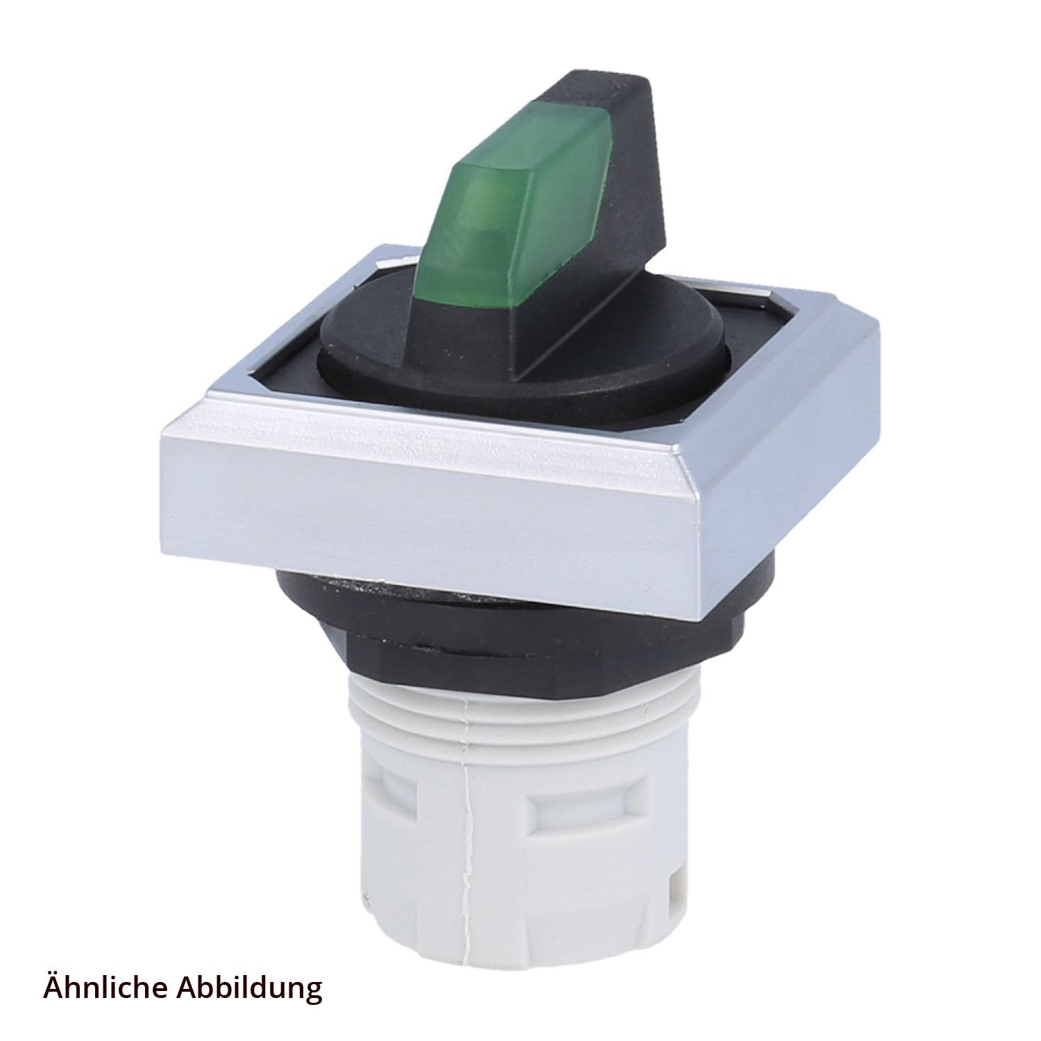 Quadratischer schwarzer und grüner mechanischer Schalter mit silbernem Rand, montiert auf einer weißen Basis, ähnlich industrieller Ausrüstungskomponenten.