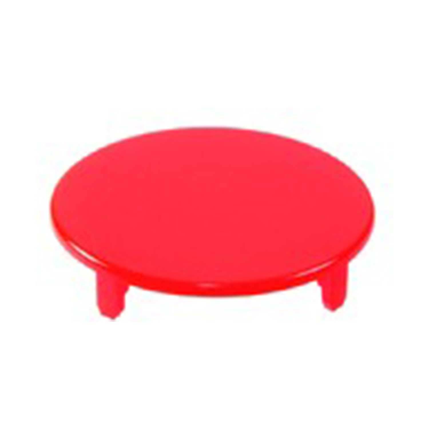Ein rundes, flaches, rotes Plastikobject mit drei kleinen Stützbeinen, das wie ein Deckel oder eine kleine Plattform aussieht.