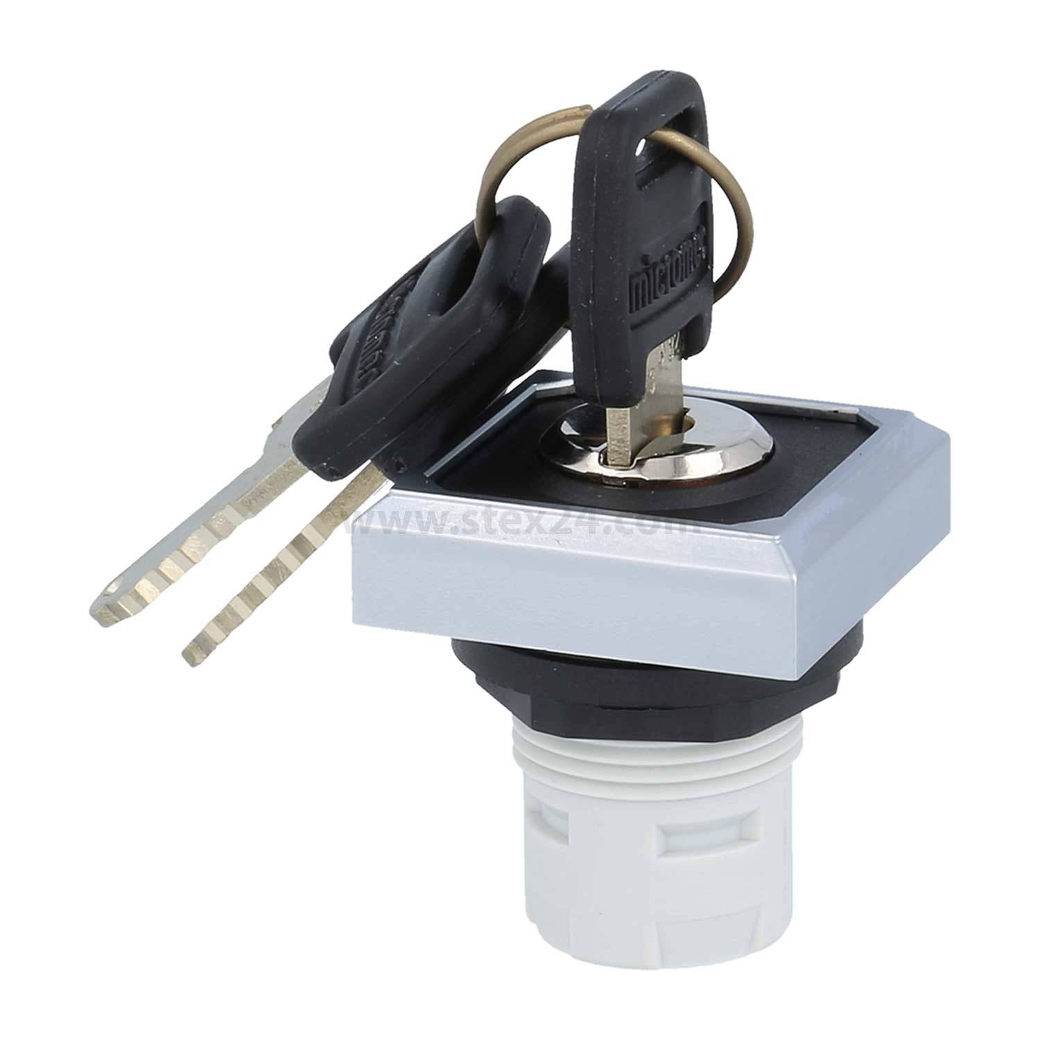 Ein quadratischer Schlüsselschalter mit zwei Metallschlüsseln, der zum Steuern oder Verriegeln elektronischer Geräte verwendet wird. Der Schalter hat eine weiße Montagebasis.