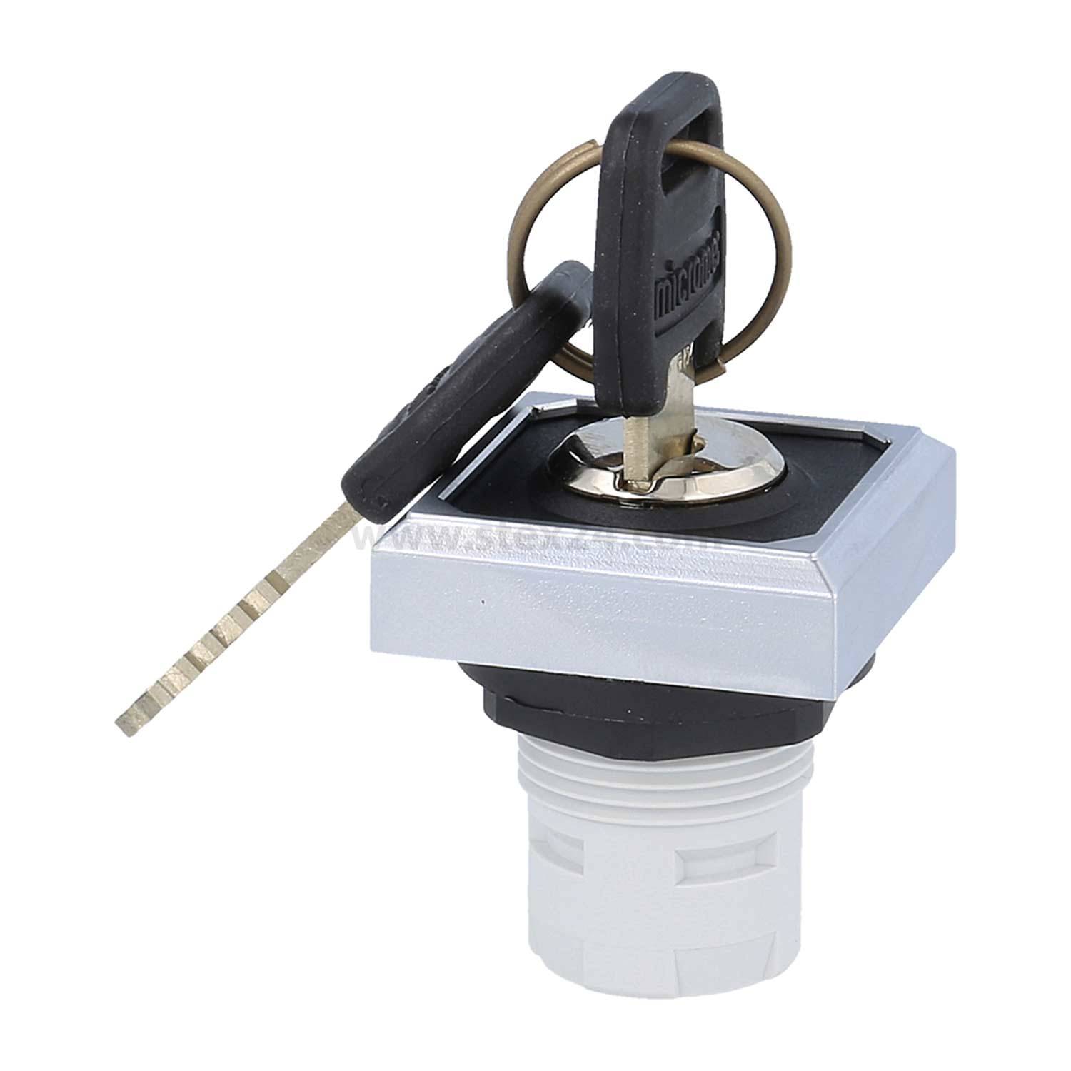 „Ein Schlüsselschalter in Silber und Schwarz mit zwei eingefügten Schlüsseln, die an Schlüsselringen befestigt sind, verwendet für die Zugangskontrolle in elektrischen Systemen.