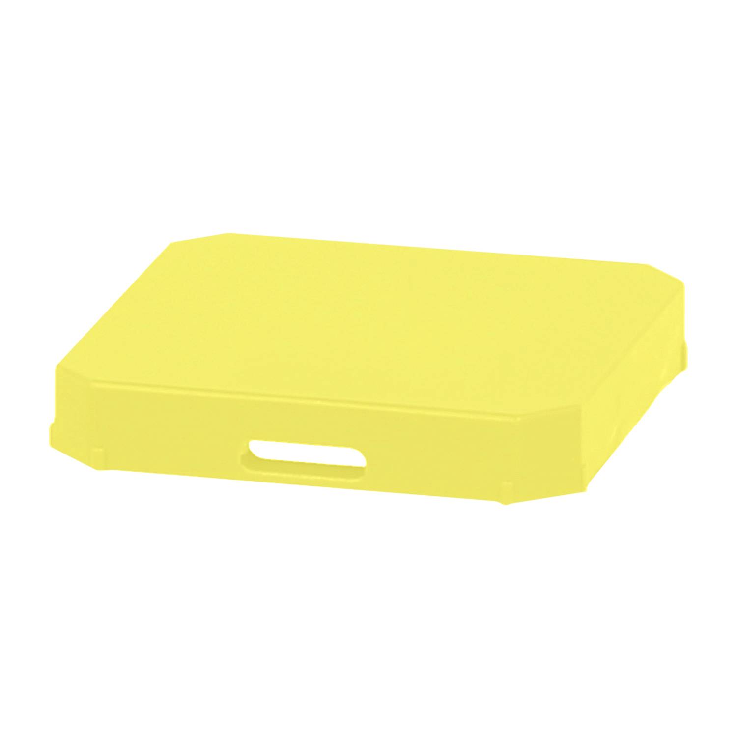 Ein gelber rechteckiger Koffer mit einer Griffaussparung in der Mitte, wahrscheinlich zur Aufbewahrung oder zum Transport verwendet.