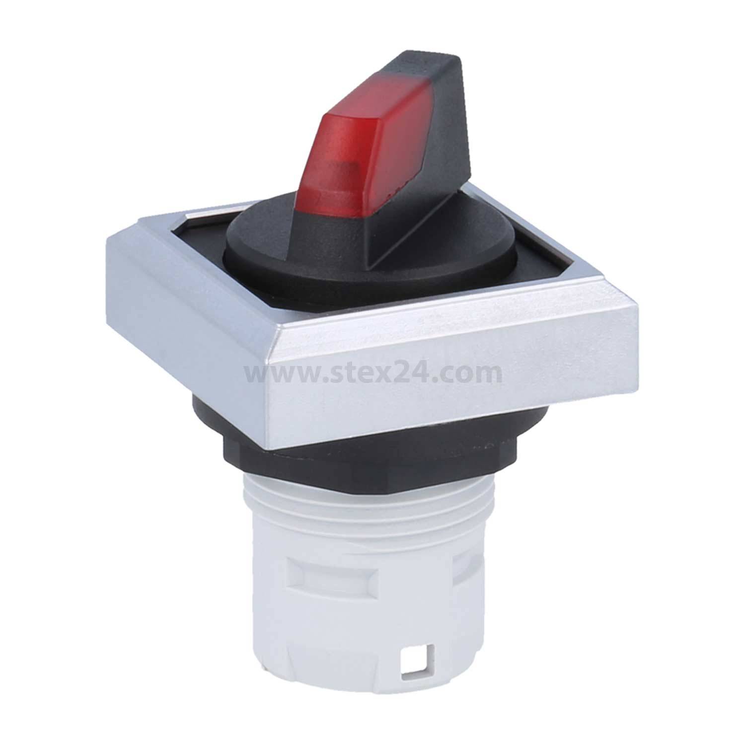 „Ein quadratischer Schalter mit einem roten Hebel, der in einen metallischen Rahmen eingesetzt ist und für Kontrollpanels in industrieller Ausrüstung vorgesehen ist.