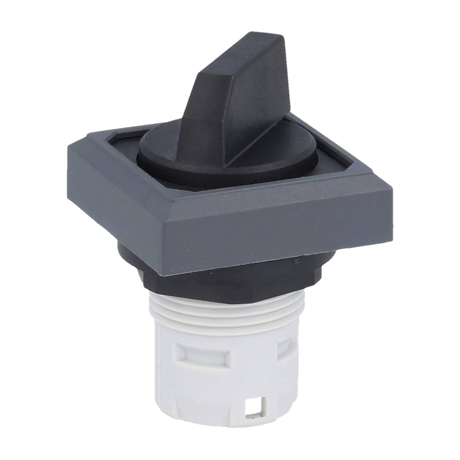 Ein schwarzer Drehschalter mit grauem Quadratrahmen und weißer Basis, der zur Steuerung elektrischer Geräte verwendet wird.