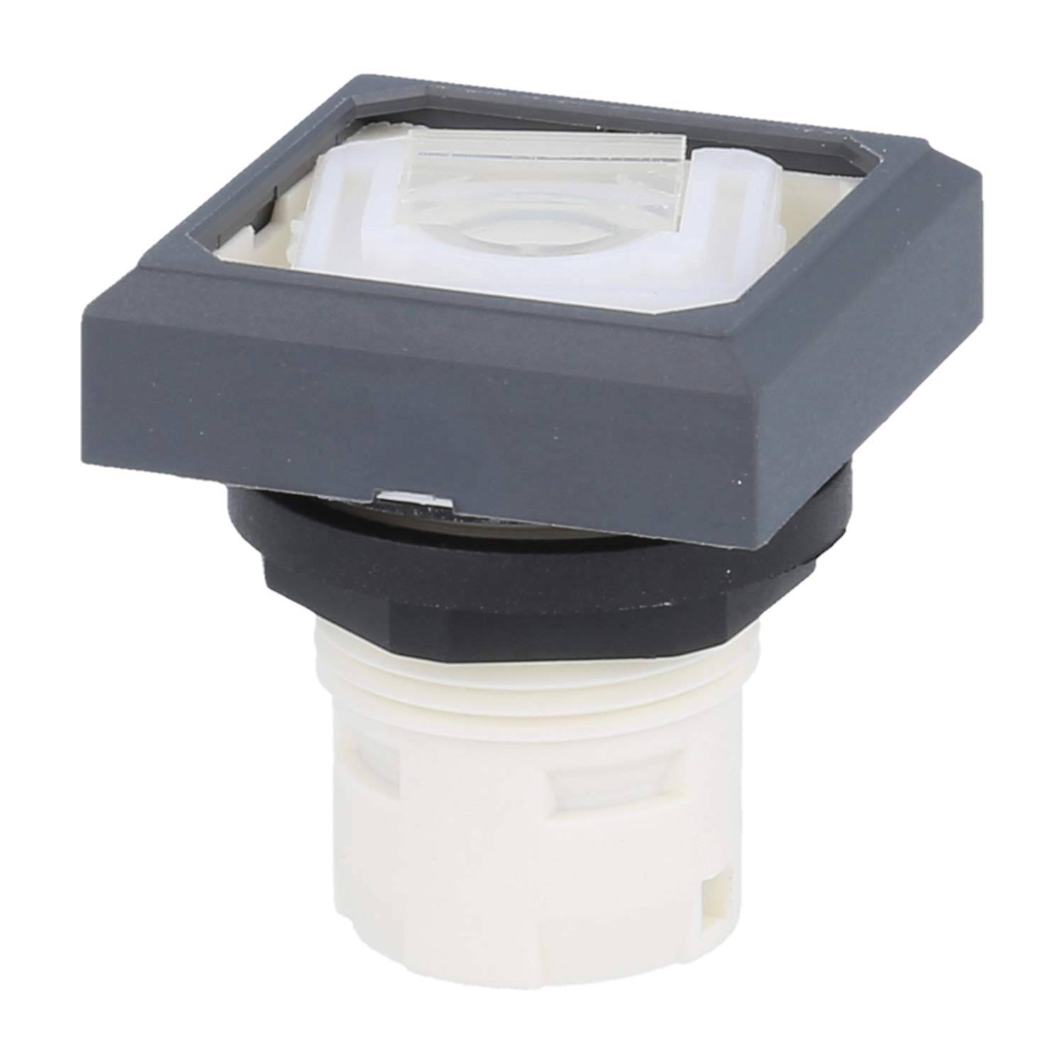 Ein quadratischer Druckknopf mit einer klaren Abdeckung und einem dunkelgrauen Rahmen auf einer weißen zylindrischen Basis. Entwickelt für elektrische oder mechanische Anwendungen.