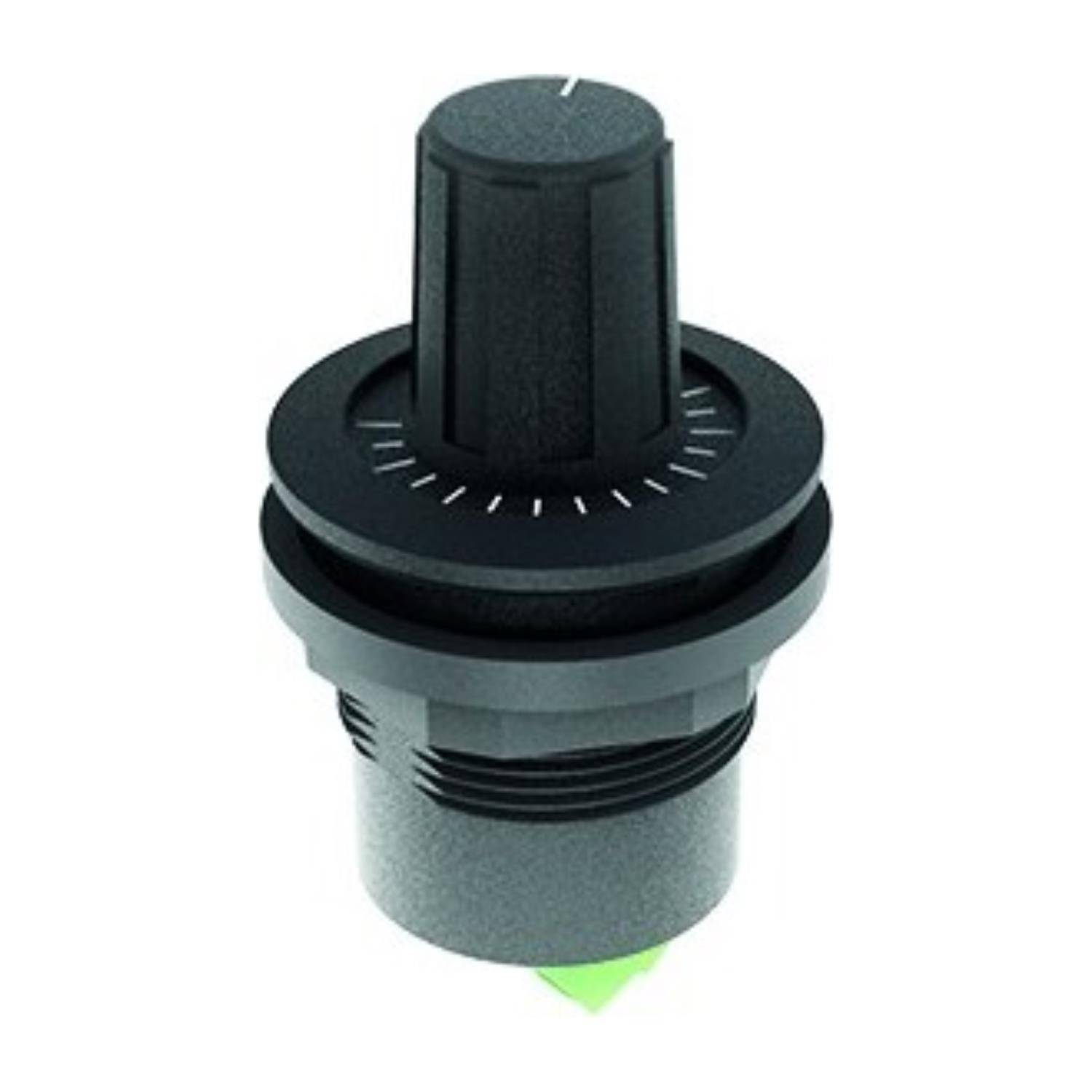 Ein schwarzer Drehknopf mit einer weißen Indikatorlinie, der auf einem zylindrischen Sockel montiert ist und zum Einstellen von Einstellungen an elektronischen Geräten verwendet wird.