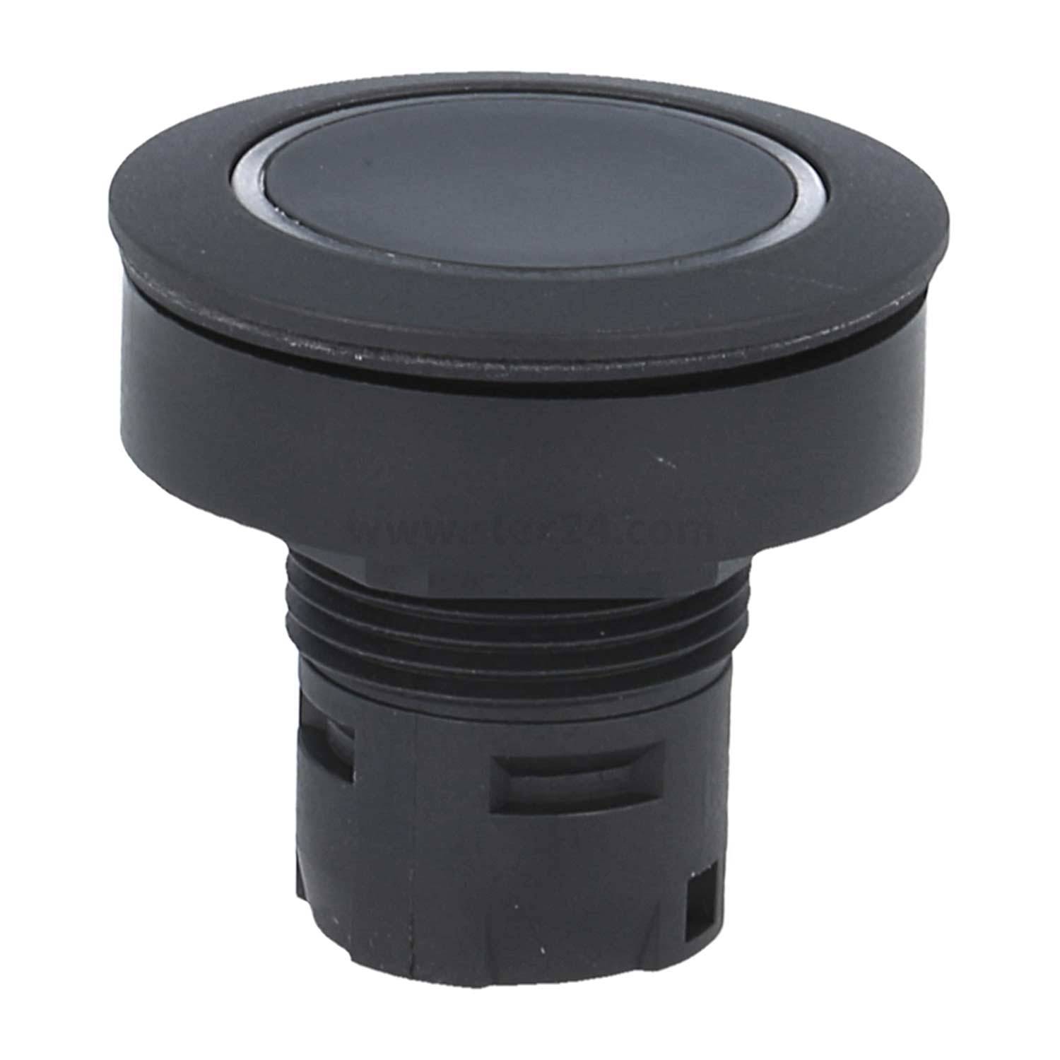 Ein runder, schwarzer Drucktaster mit flacher Oberfläche und einem Gewindeloch zur Befestigung.