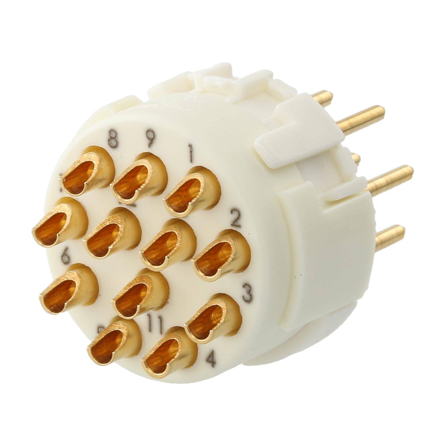 Ein weißer, kreisförmiger elektronischer Anschluss mit 12 nummerierten Goldstiften, der zur Verbindung elektronischer Bauteile oder Geräte verwendet wird.