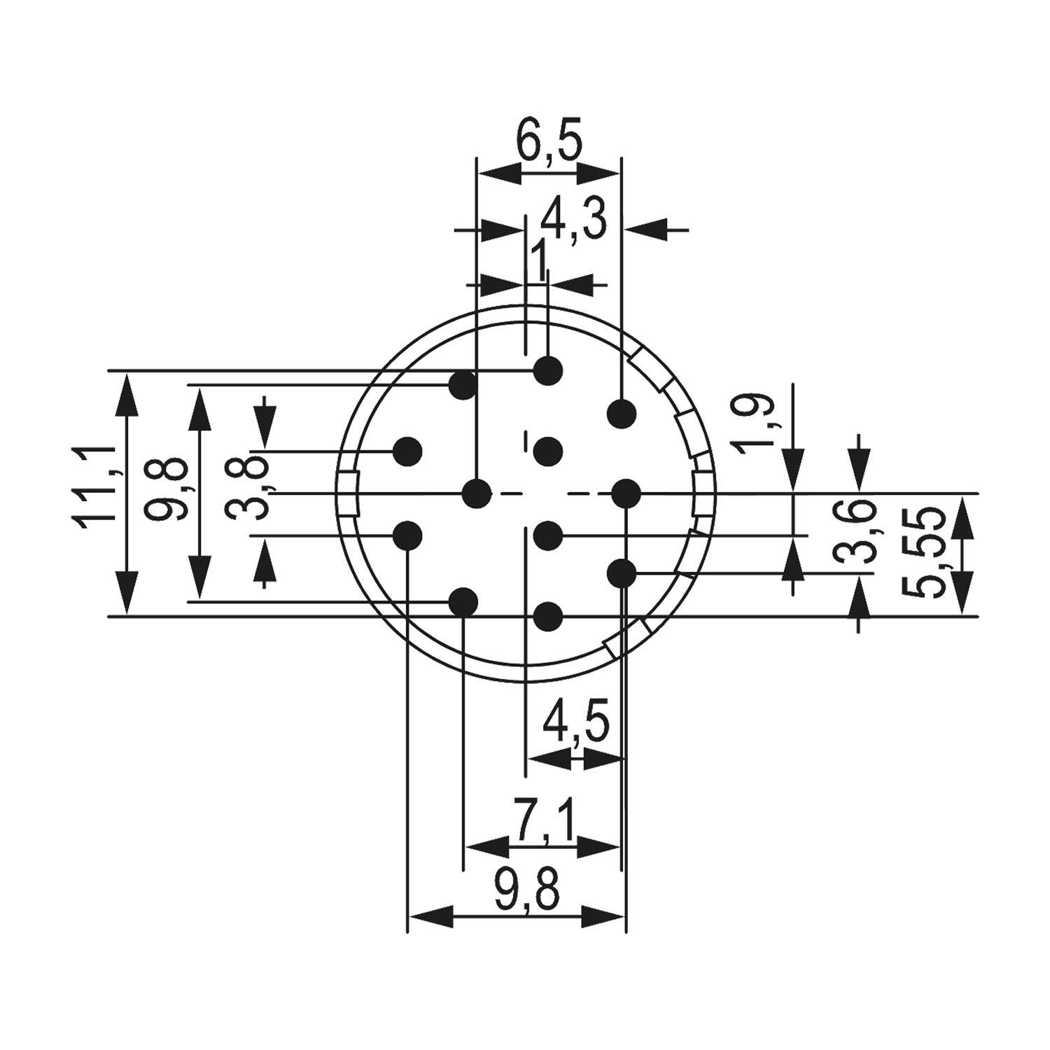 Technische Zeichnung eines kreisförmigen Anschlusses mit mehreren angegebenen Maßen, die Abstände zwischen Löchern und andere Dimensionen zeigt.