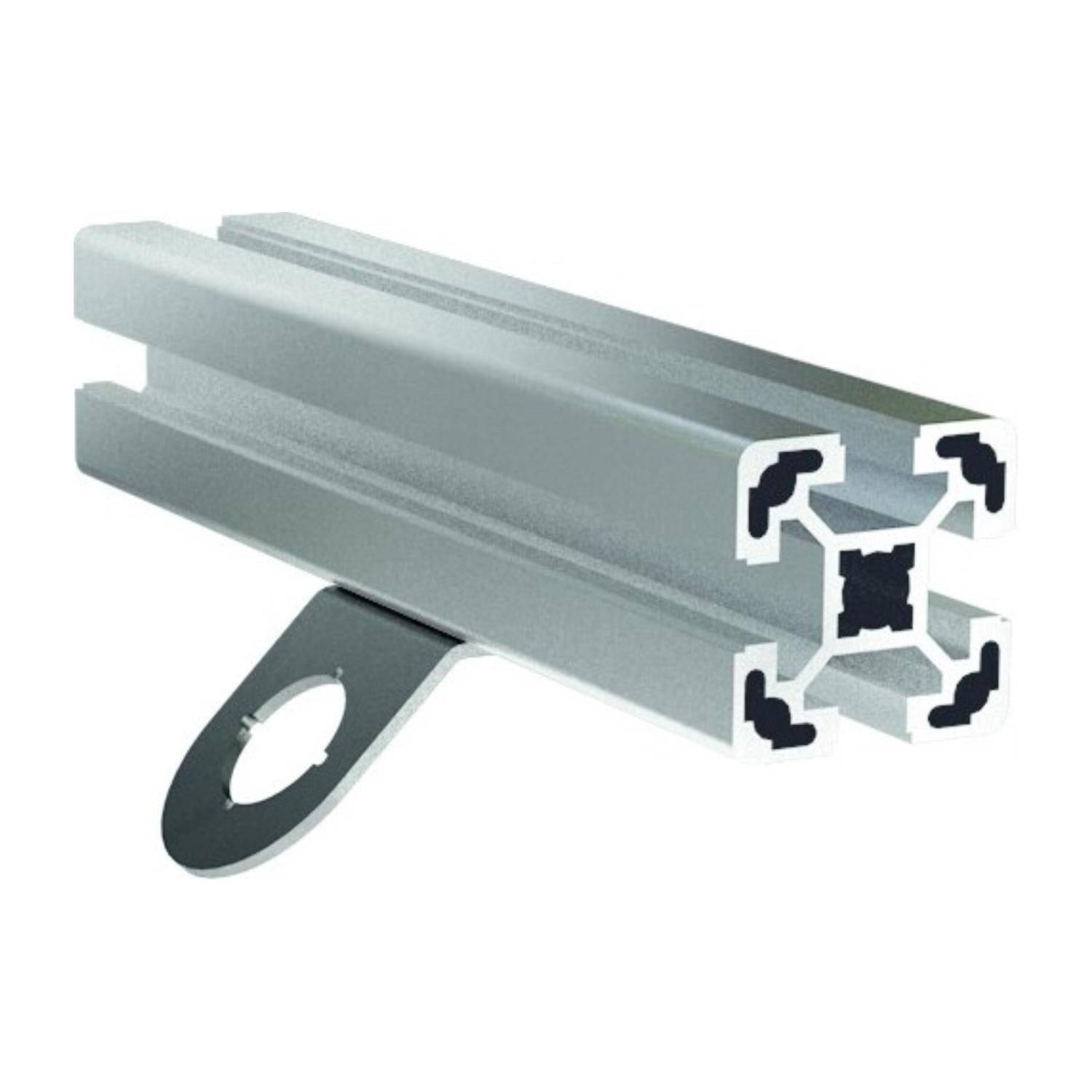 Aluminium-Extrusionsprofil mit T-Nut-Design, das an einem flachen Metallhalter mit ovaler Aussparung befestigt ist und in modularen Rahmensystemen verwendet wird.