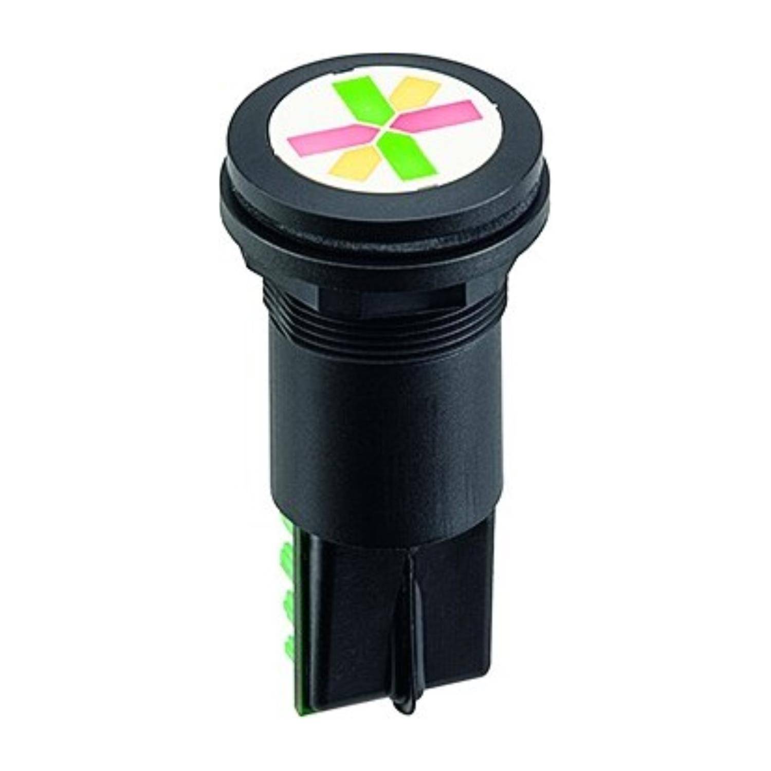 Eine schwarze elektronische Komponente mit einem runden, farbenfrohen Symbol auf der Oberseite, das grüne, gelbe und rosa Formen in einer Kreuzkomposition zeigt.